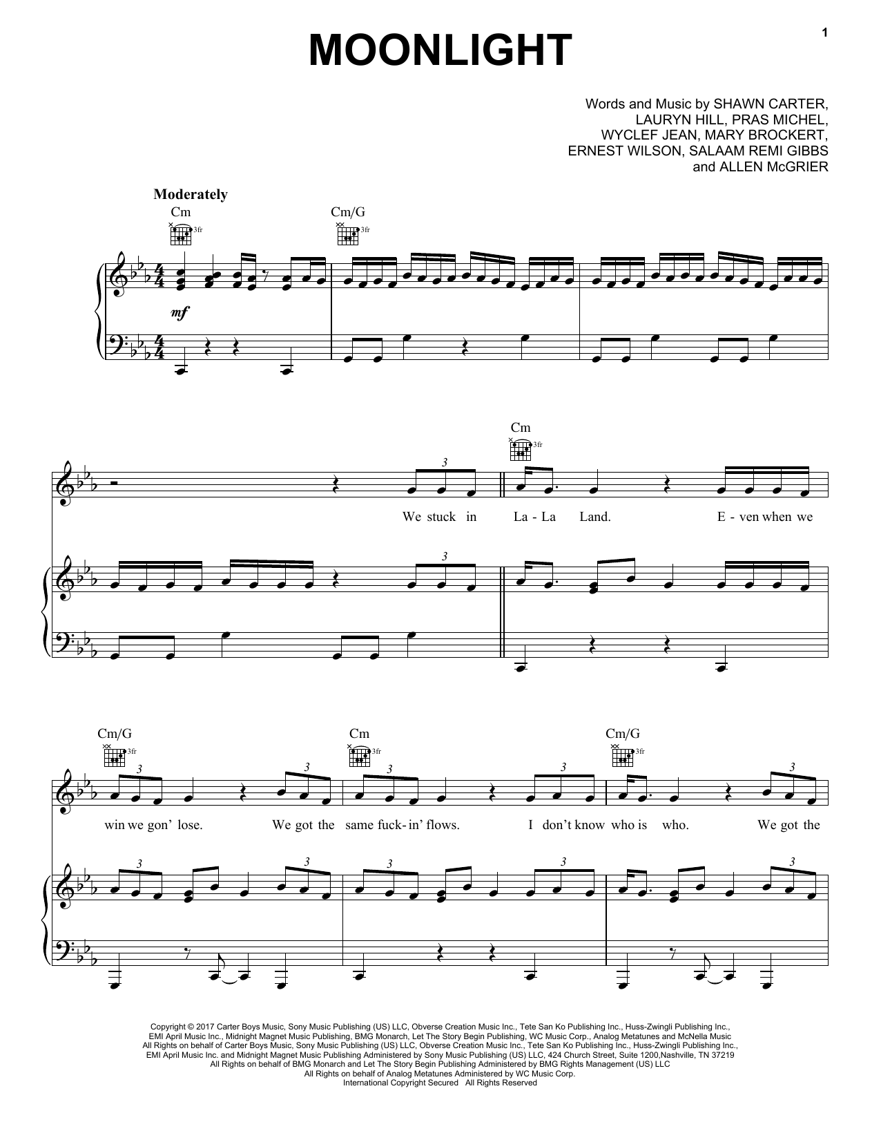 Download Jay-Z Moonlight Sheet Music and learn how to play Piano, Vocal & Guitar Chords (Right-Hand Melody) PDF digital score in minutes