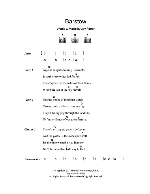 Download Jay Farrar Barstow Sheet Music and learn how to play Lyrics & Chords PDF digital score in minutes