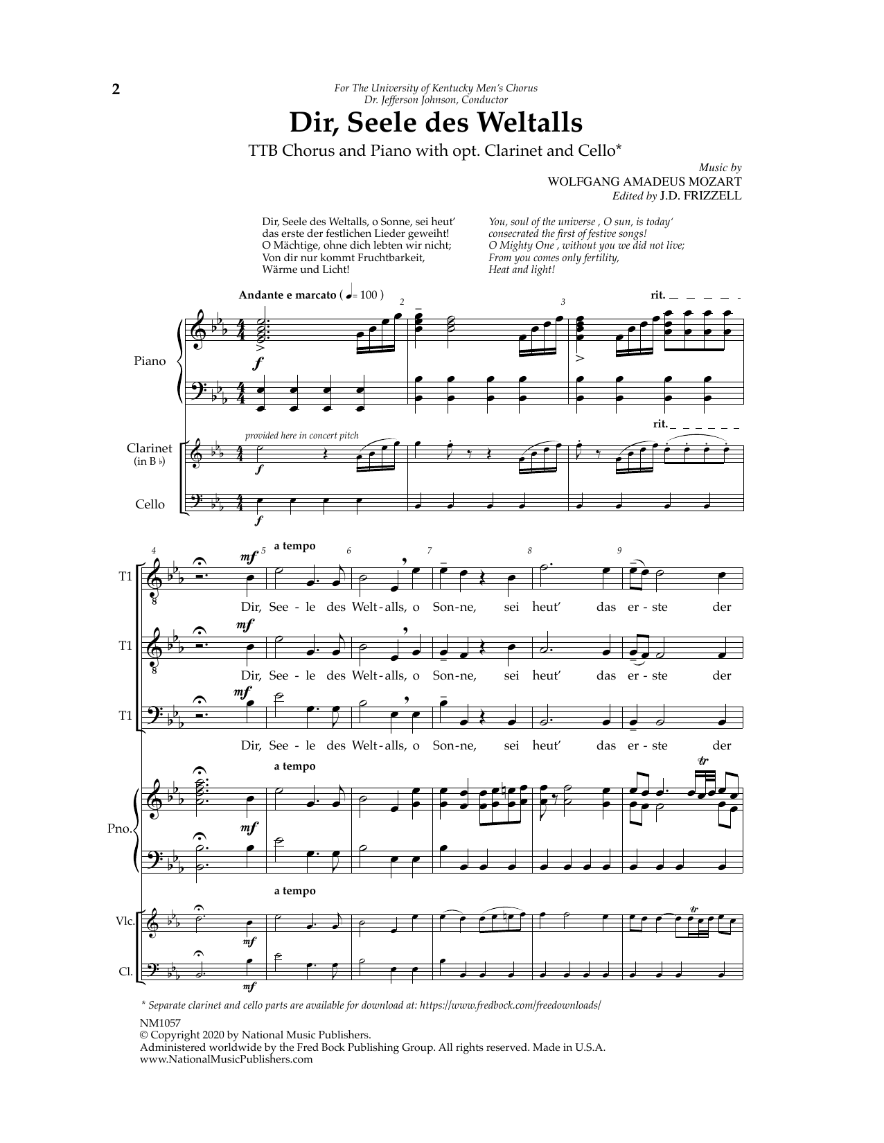 Download J.D. Frizzell Dir, Seele Des Weltalls Sheet Music and learn how to play TTB Choir PDF digital score in minutes