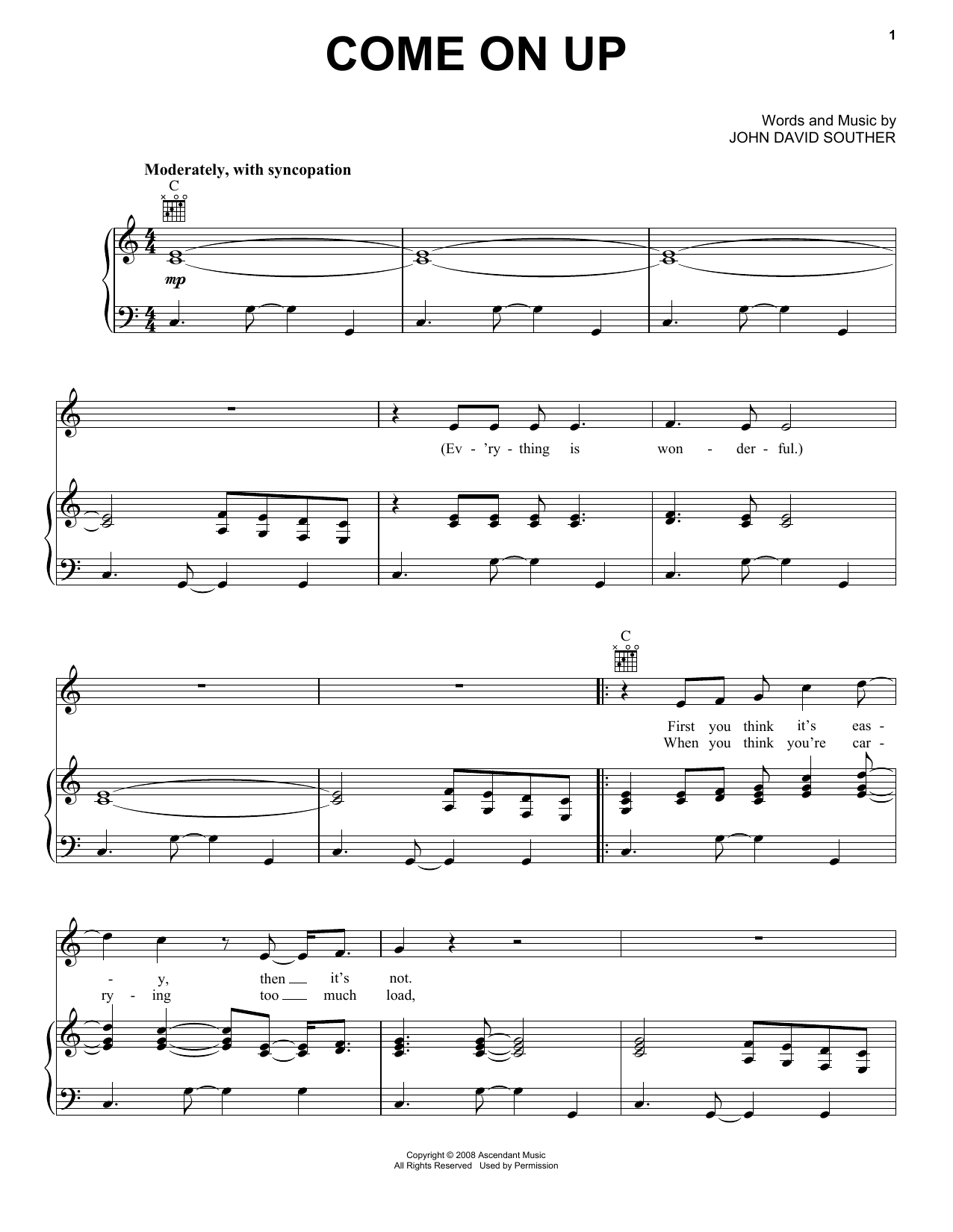 Download J.D. Souther Come On Up Sheet Music and learn how to play Piano, Vocal & Guitar (Right-Hand Melody) PDF digital score in minutes