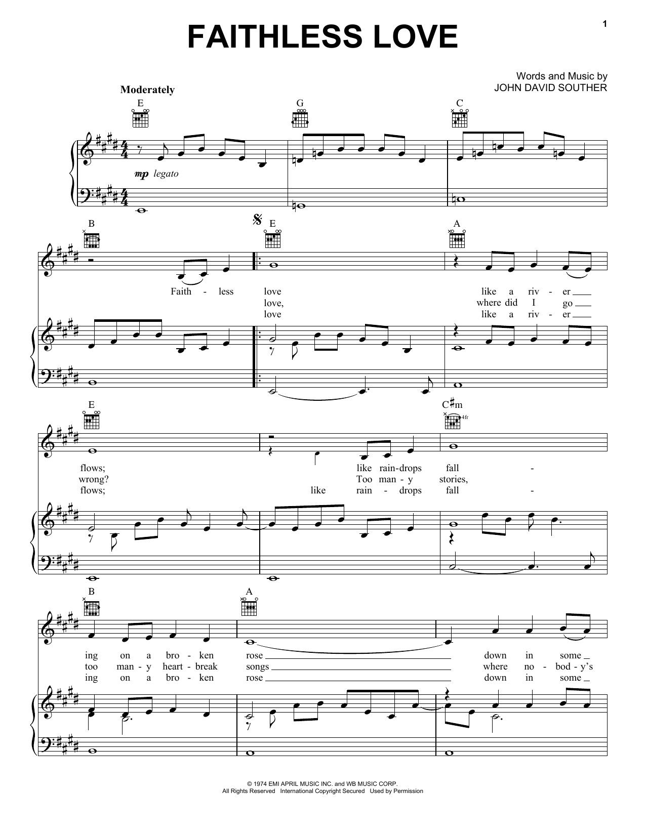 Download J.D. Souther Faithless Love Sheet Music and learn how to play Piano, Vocal & Guitar (Right-Hand Melody) PDF digital score in minutes