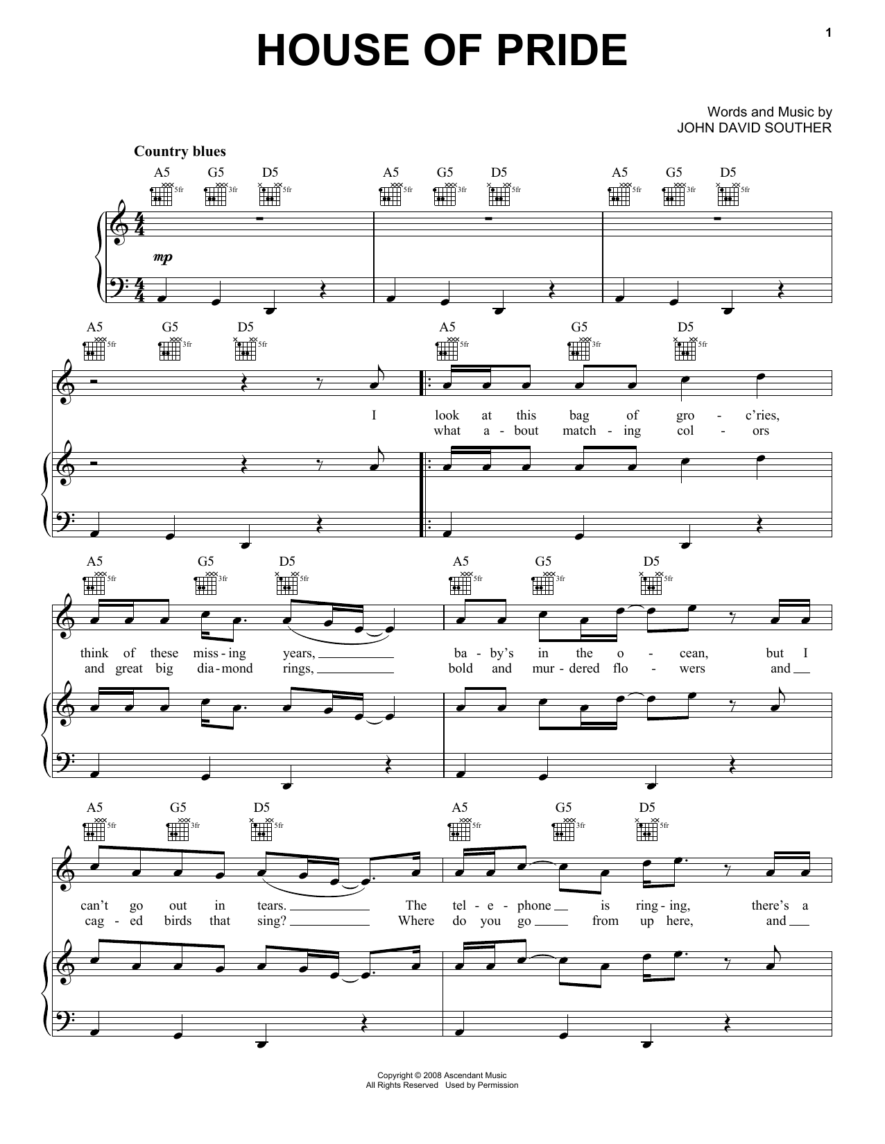 Download J.D. Souther House Of Pride Sheet Music and learn how to play Piano, Vocal & Guitar (Right-Hand Melody) PDF digital score in minutes