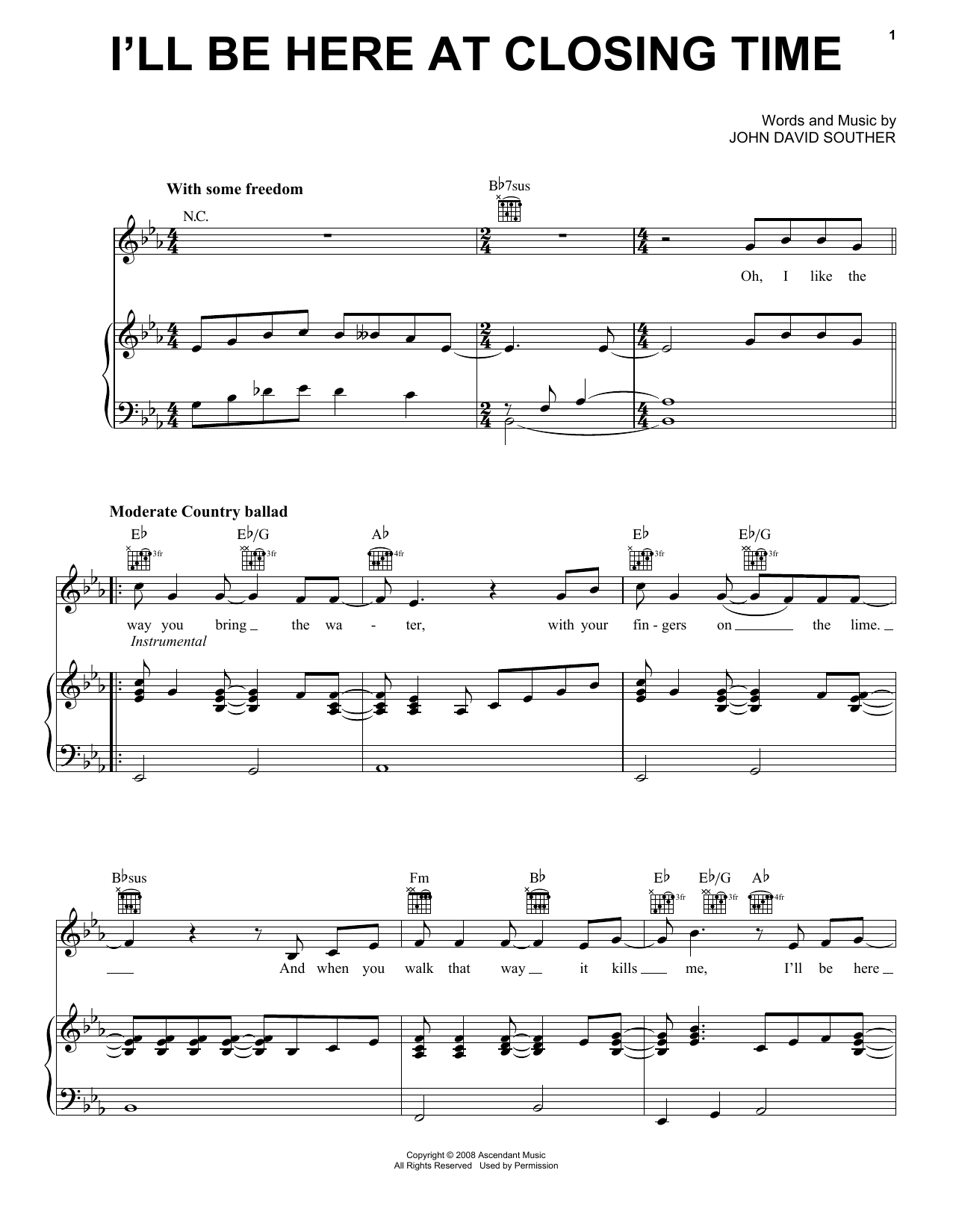 Download J.D. Souther I'll Be Here At Closing Time Sheet Music and learn how to play Piano, Vocal & Guitar (Right-Hand Melody) PDF digital score in minutes