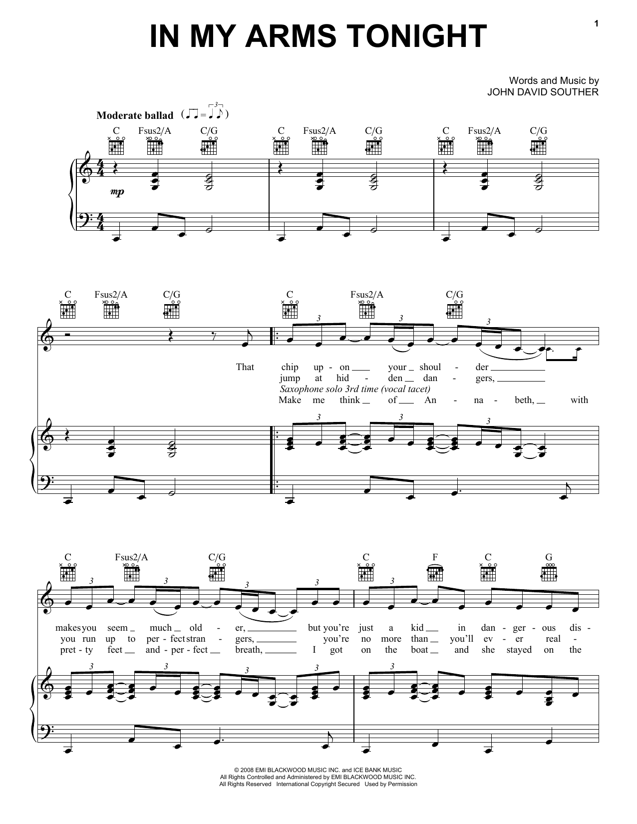 Download J.D. Souther In My Arms Tonight Sheet Music and learn how to play Piano, Vocal & Guitar (Right-Hand Melody) PDF digital score in minutes