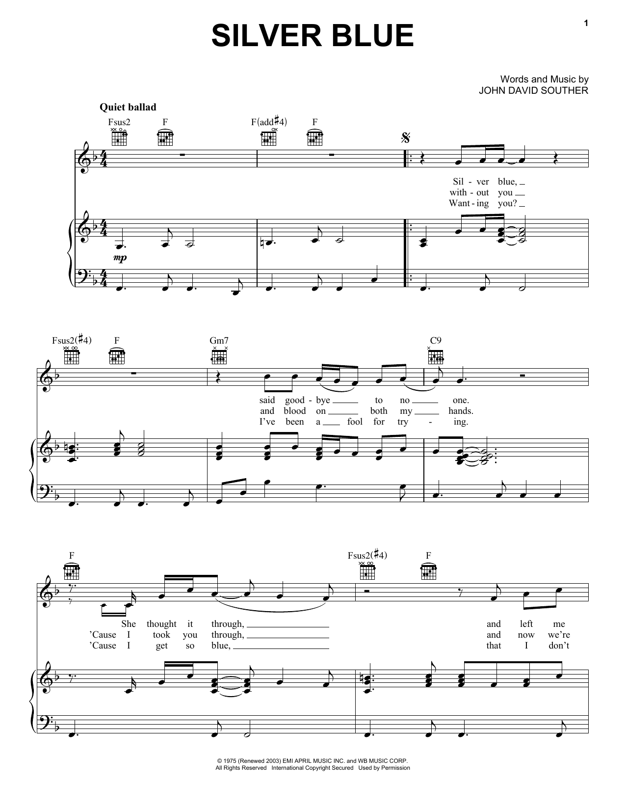 Download J.D. Souther Silver Blue Sheet Music and learn how to play Piano, Vocal & Guitar (Right-Hand Melody) PDF digital score in minutes