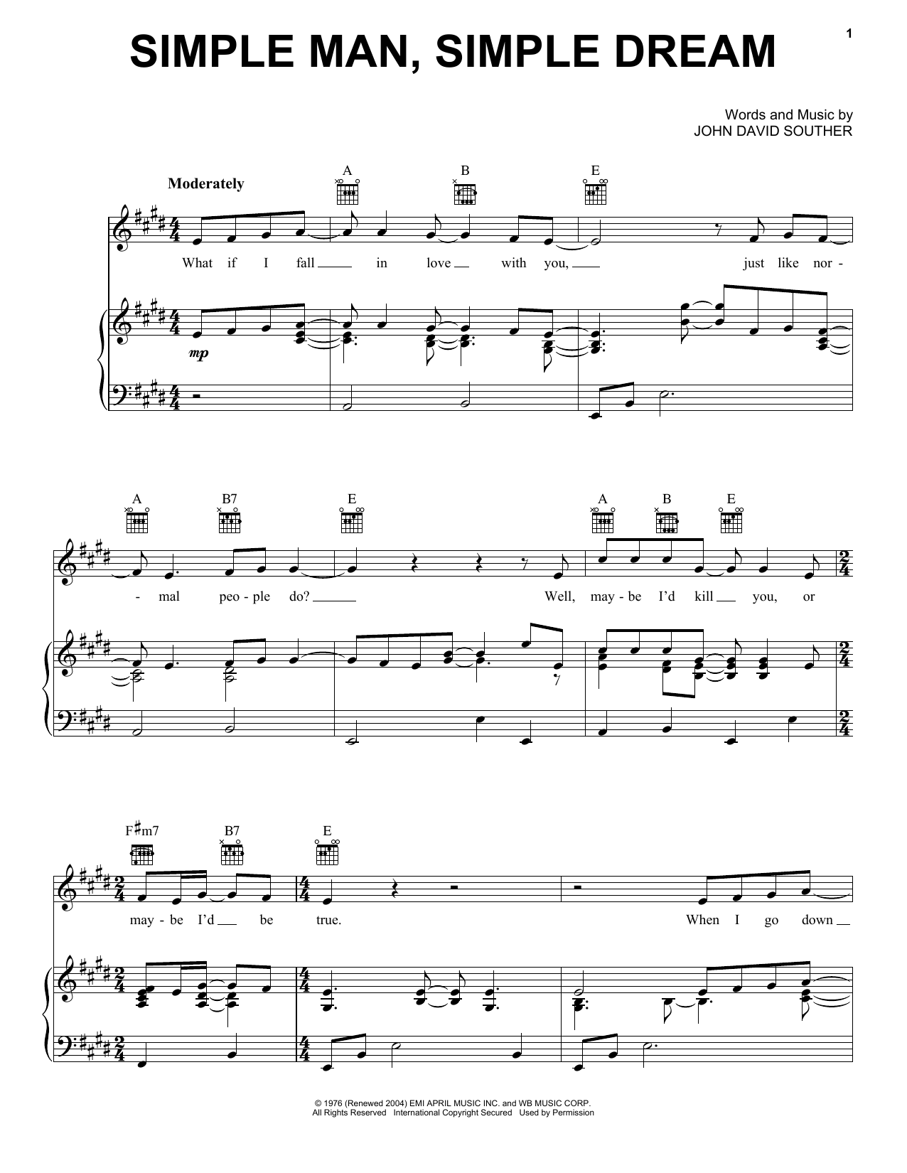 Download J.D. Souther Simple Man Simple Dream Sheet Music and learn how to play Piano, Vocal & Guitar (Right-Hand Melody) PDF digital score in minutes