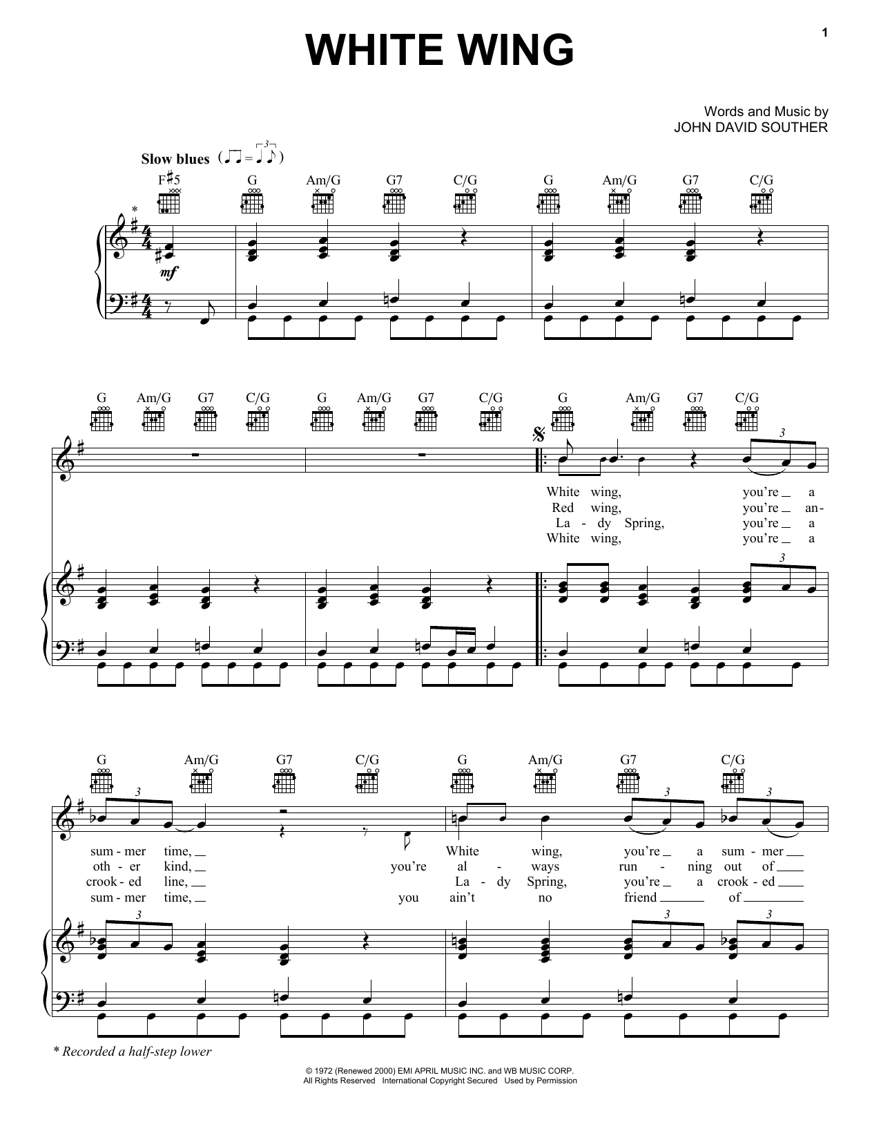 Download J.D. Souther White Wing Sheet Music and learn how to play Piano, Vocal & Guitar (Right-Hand Melody) PDF digital score in minutes