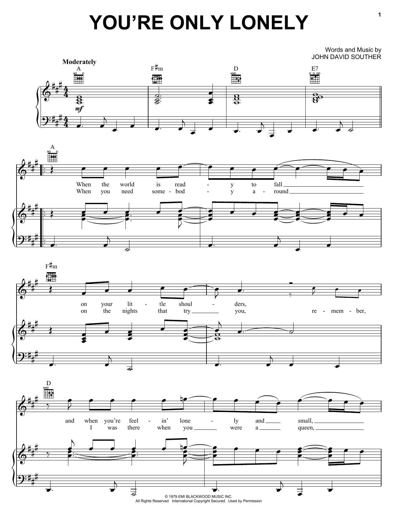 Download J.D. Souther You're Only Lonely Sheet Music and learn how to play Melody Line, Lyrics & Chords PDF digital score in minutes