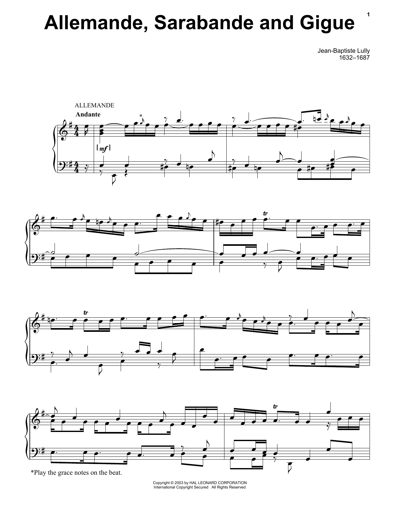 Download Jean-Baptiste Lully Allemande, Sarabande And Gigue Sheet Music and learn how to play Piano Solo PDF digital score in minutes