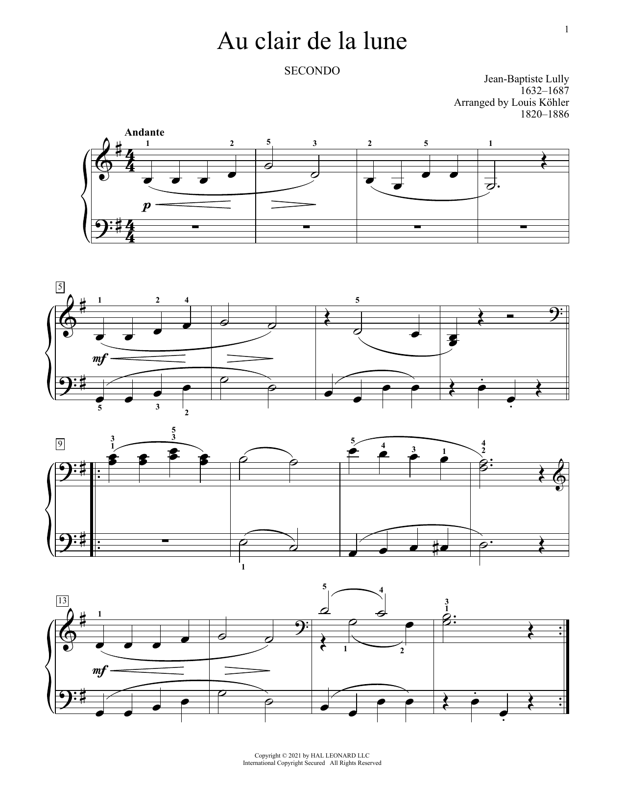 Download Jean-Baptiste Lully Au Clair De La Lune Sheet Music and learn how to play Piano Duet PDF digital score in minutes