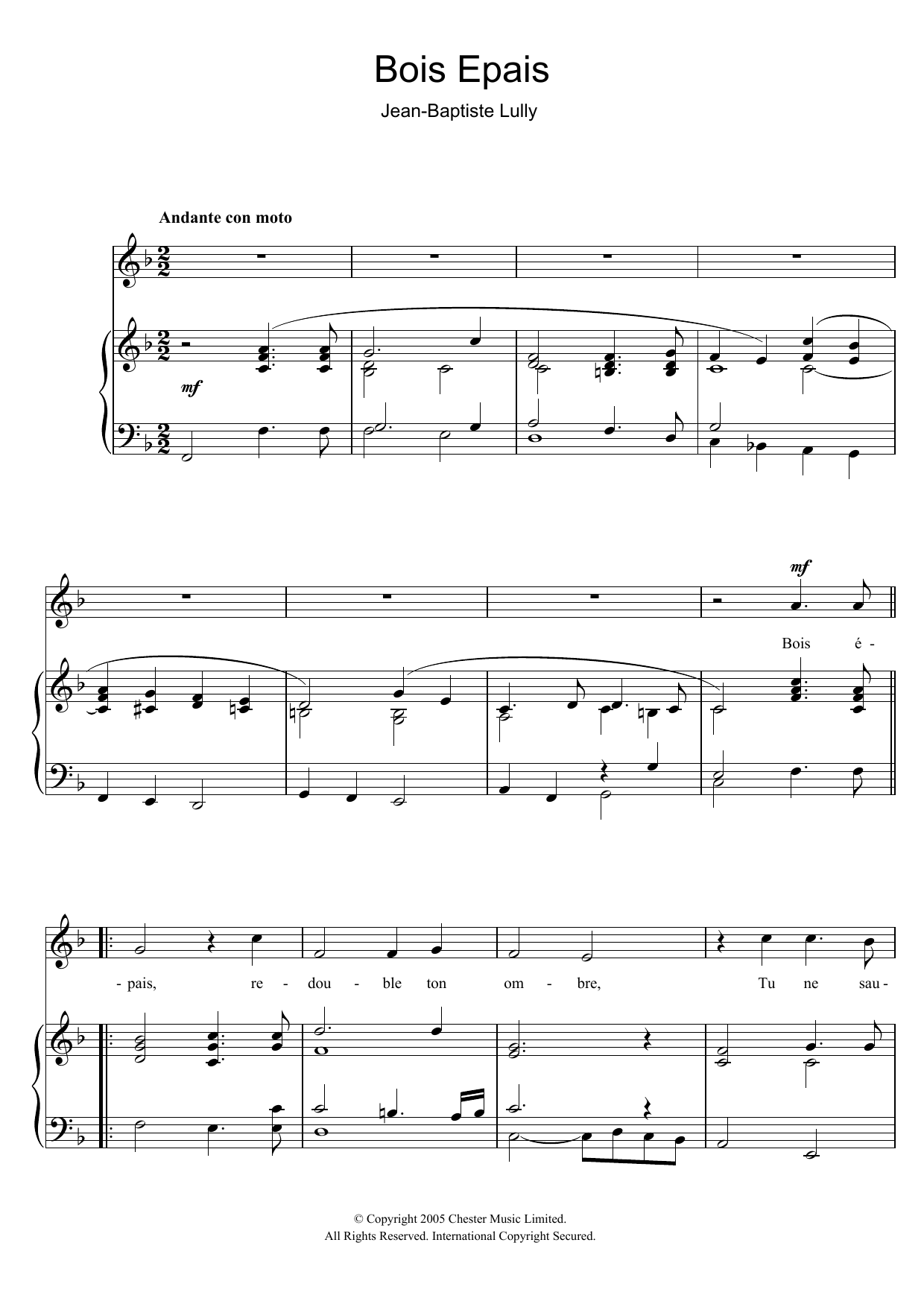 Download Jean Baptiste Lully Bois Epais (from Amadis) Sheet Music and learn how to play Piano & Vocal PDF digital score in minutes