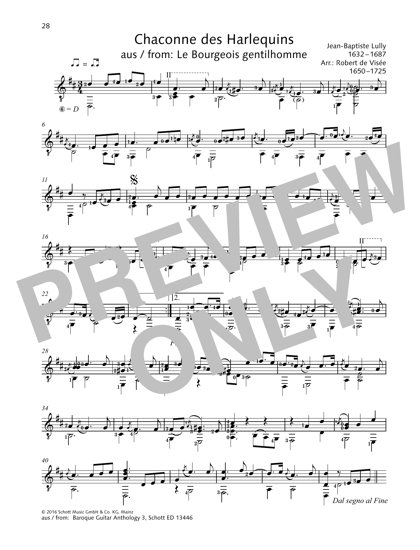 Download Jean-Baptiste Lully Chaconne des Harlequins Sheet Music and learn how to play Solo Guitar PDF digital score in minutes