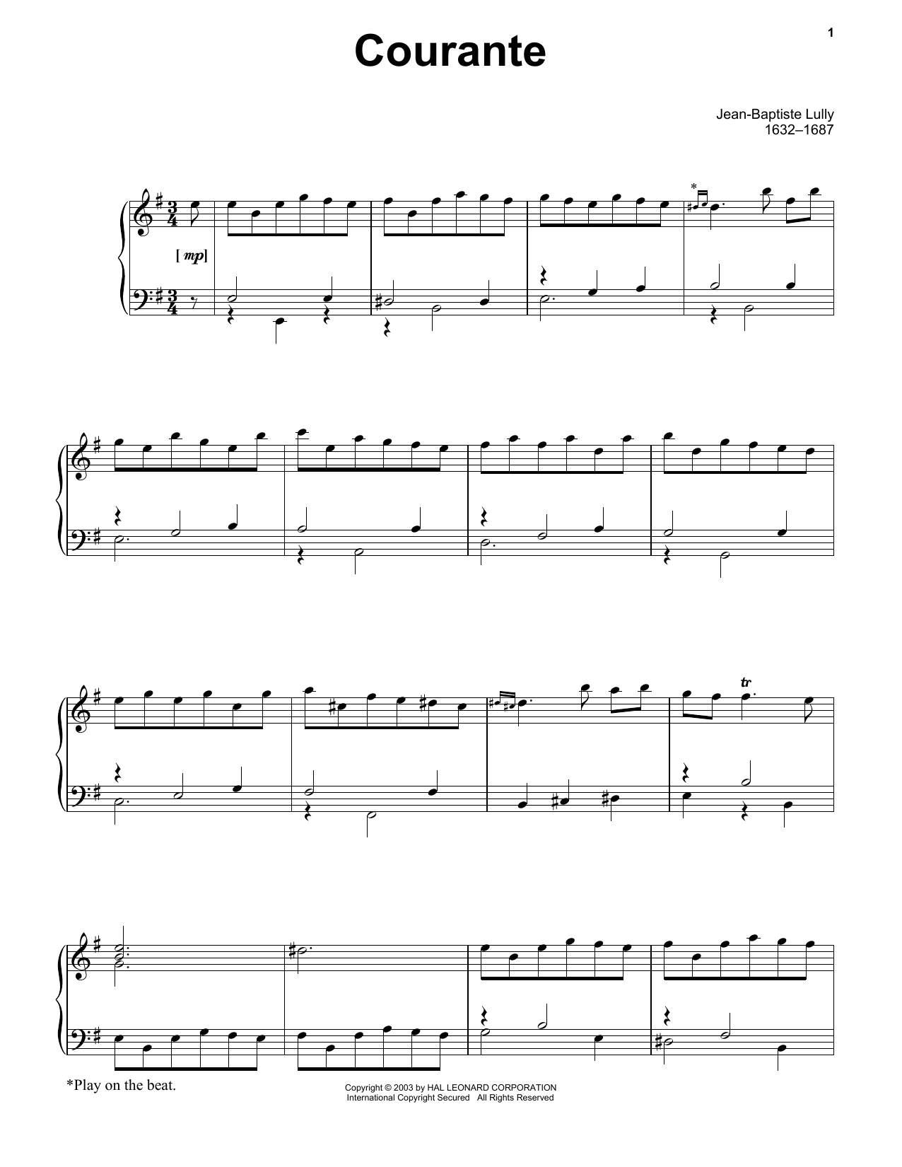 Download Jean-Baptiste Lully Courante Sheet Music and learn how to play Piano Solo PDF digital score in minutes