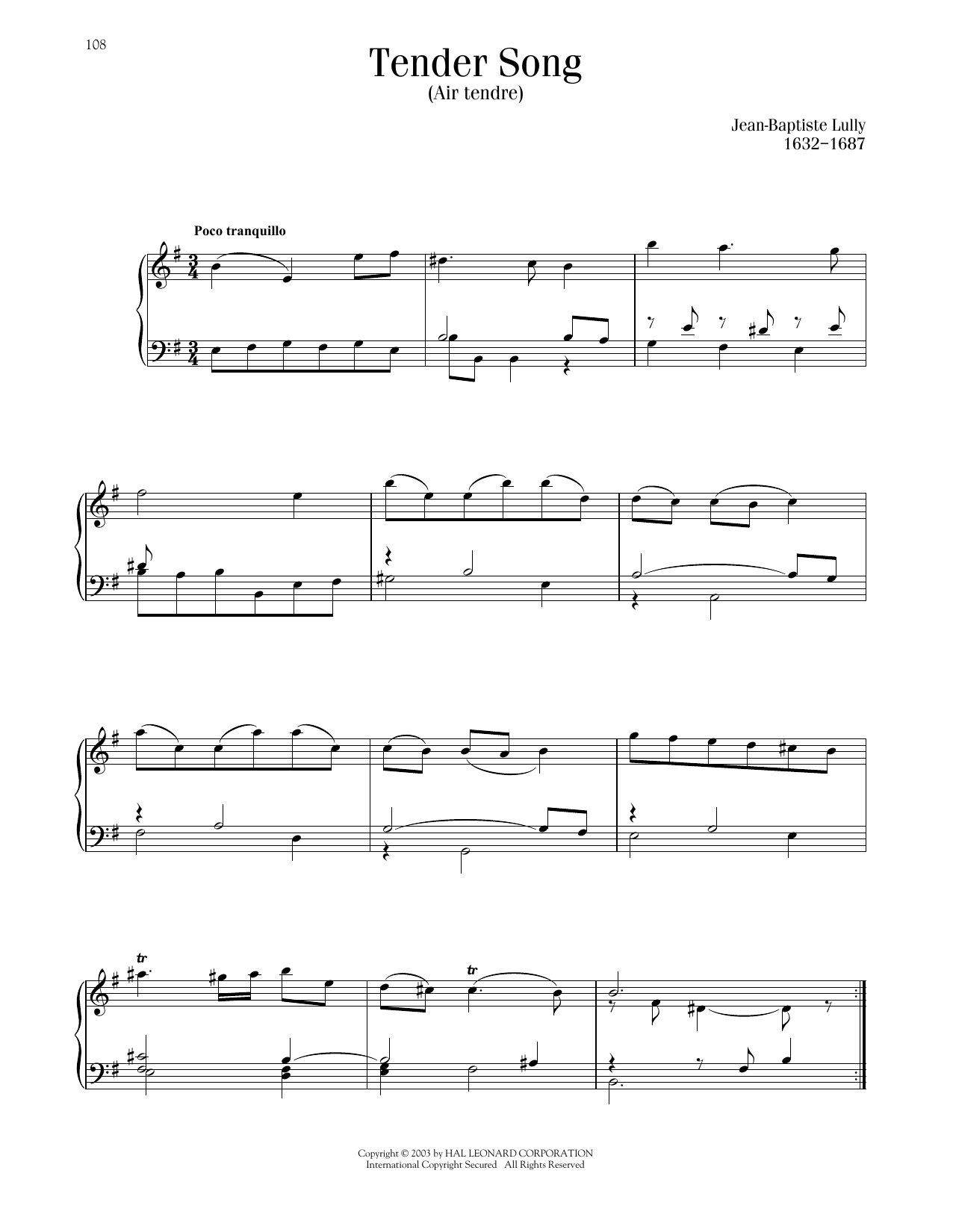 Download Jean-Baptiste Lully Tender Song (Air Tendre) Sheet Music and learn how to play Piano Solo PDF digital score in minutes