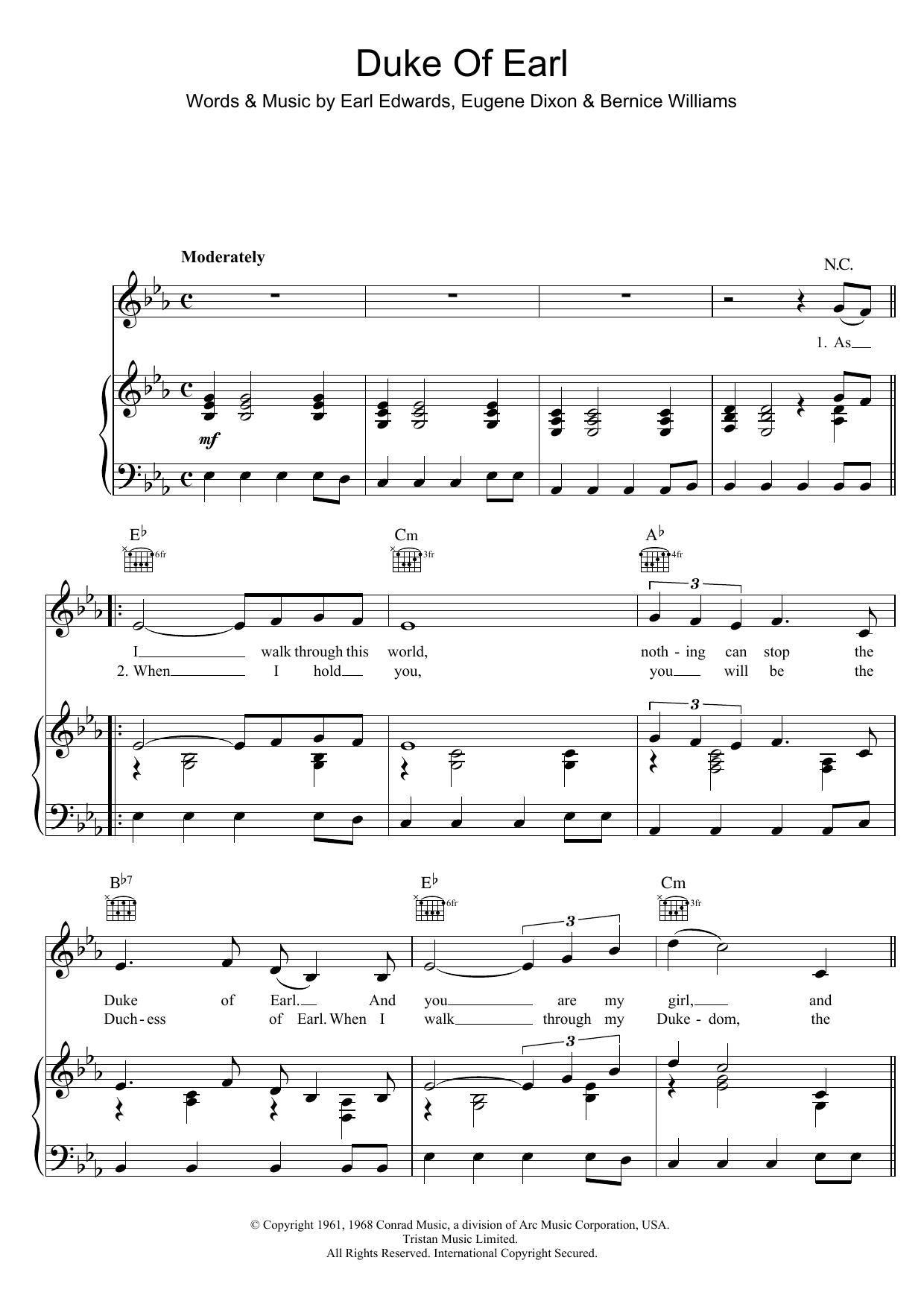Download Jean Chandler Duke Of Earl Sheet Music and learn how to play Piano, Vocal & Guitar (Right-Hand Melody) PDF digital score in minutes