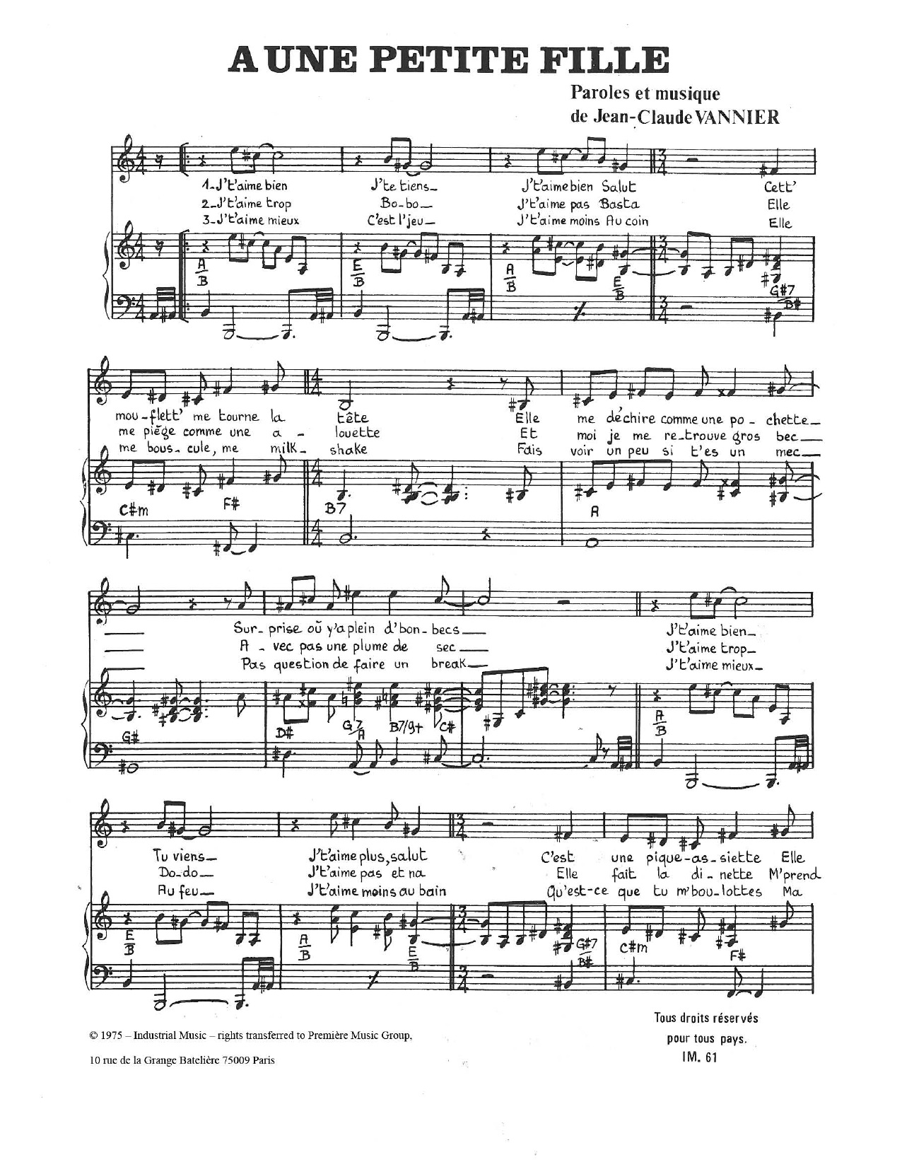 Download Jean-Claude Vannier A Une Petite Fille Sheet Music and learn how to play Piano & Vocal PDF digital score in minutes