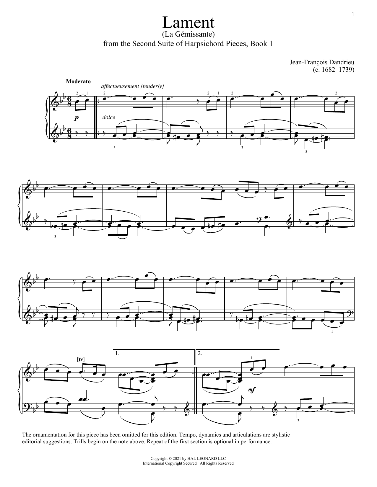 Download Jean-Francois Dandrieu Lament Sheet Music and learn how to play Piano Solo PDF digital score in minutes