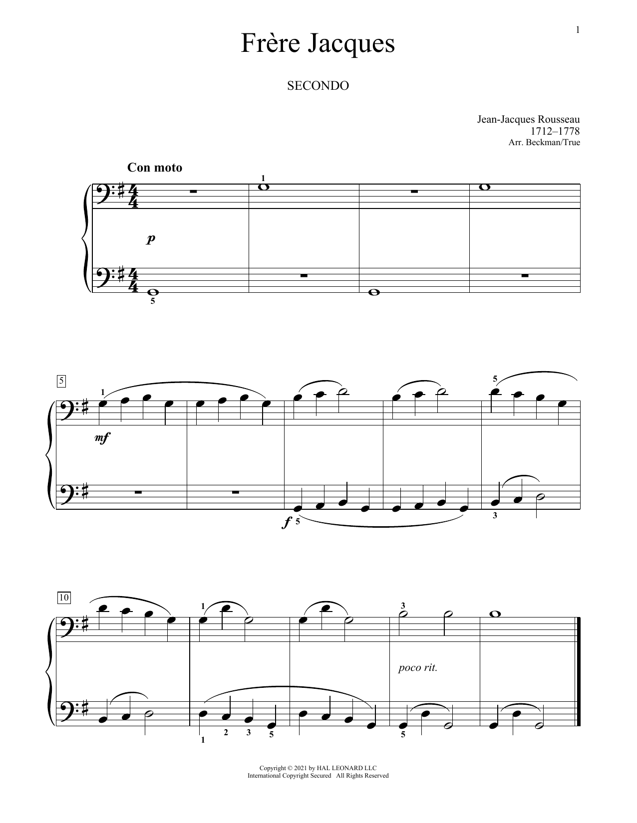 Download Jean-Jacques Rousseau Frere Jacques Sheet Music and learn how to play Piano Duet PDF digital score in minutes