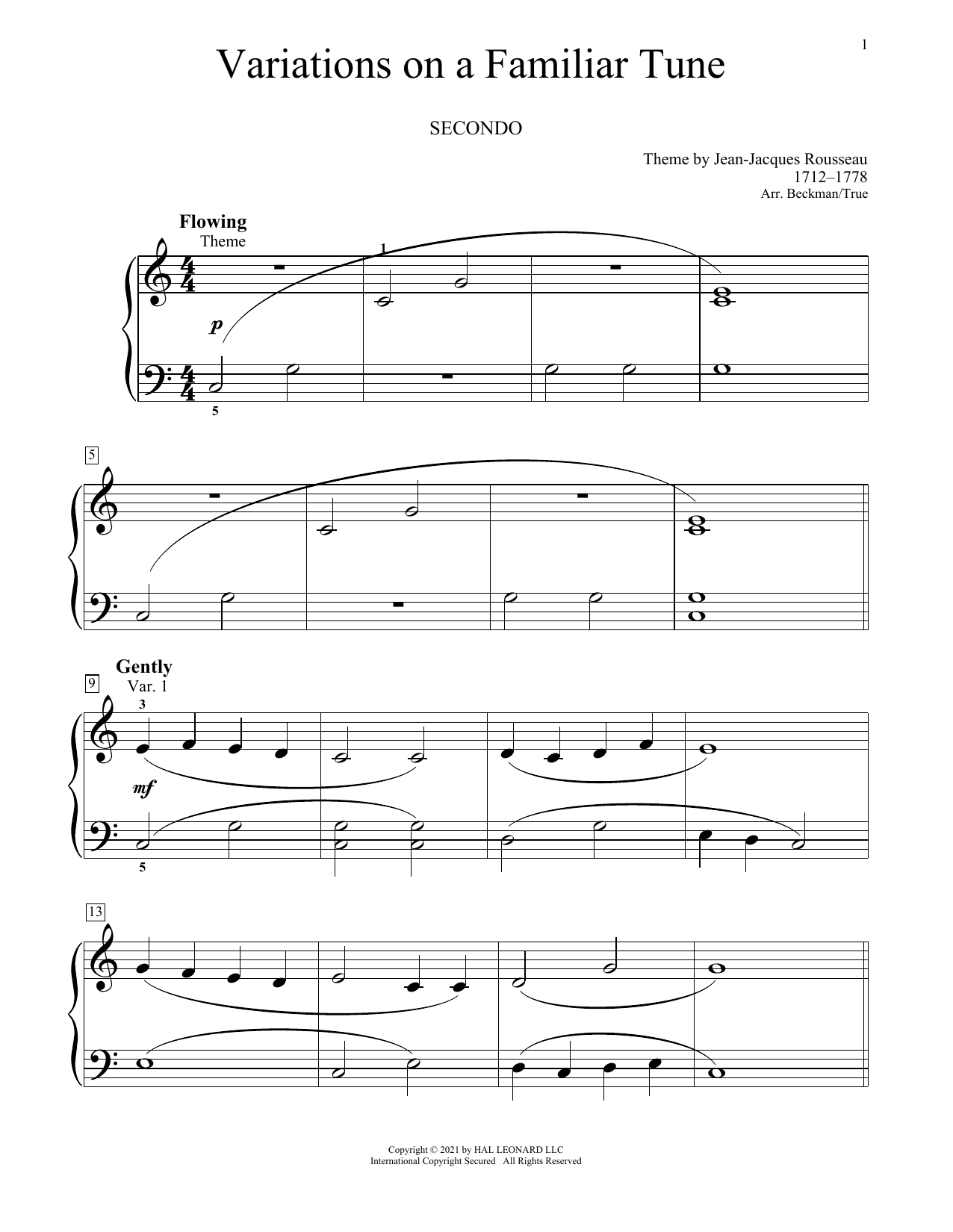 Download Jean-Jacques Rousseau Variations On A Familiar Tune Sheet Music and learn how to play Piano Duet PDF digital score in minutes
