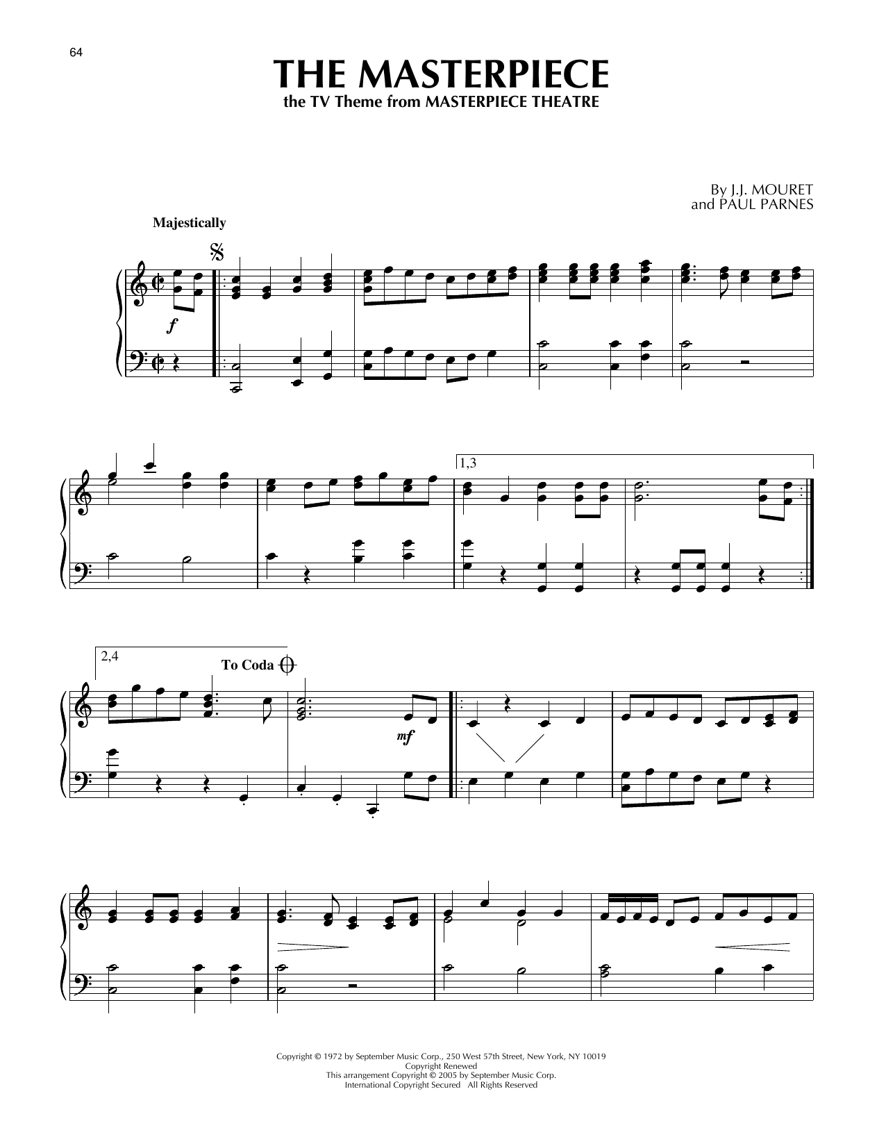 Download J.J. Mouret The Masterpiece (theme from Masterpiece Theatre) Sheet Music and learn how to play Piano Solo PDF digital score in minutes