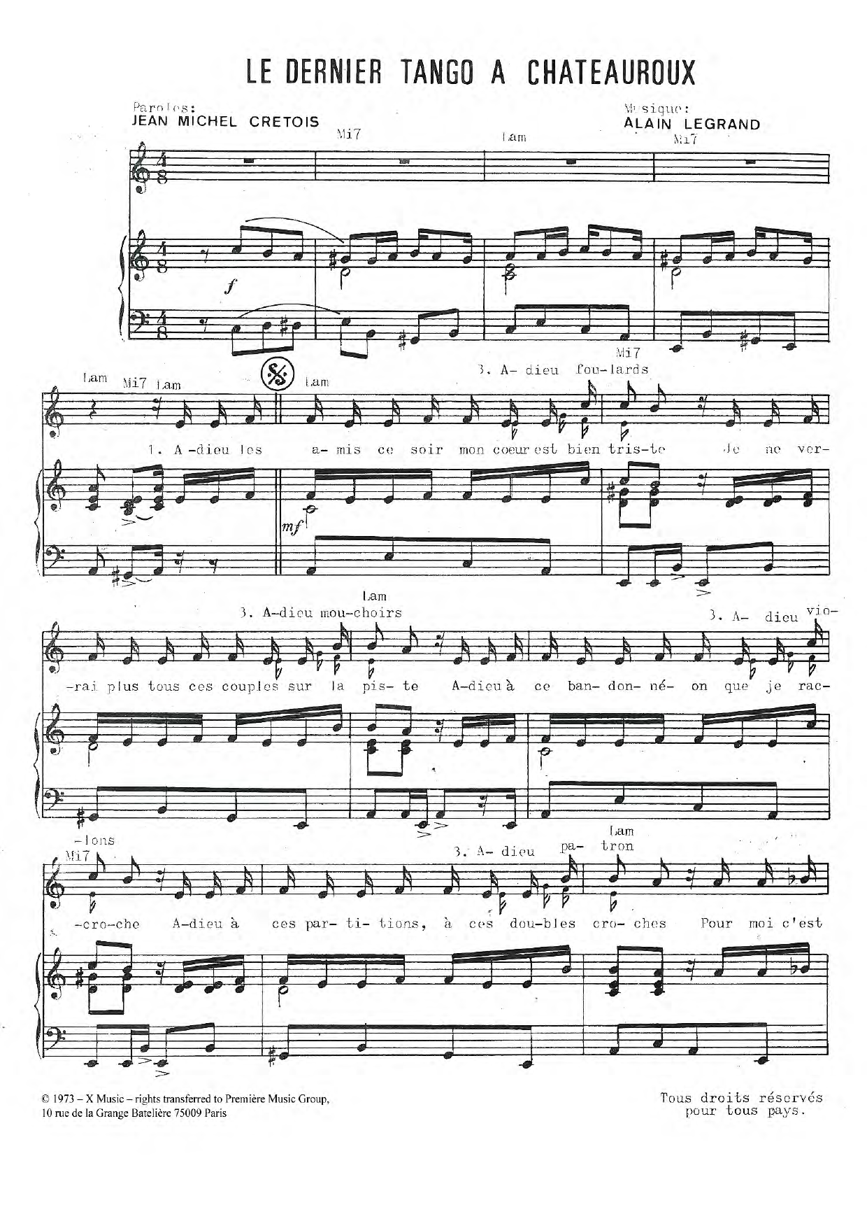 Download Jean Legrand Le Dernier Tango A Chateauroux Sheet Music and learn how to play Piano & Vocal PDF digital score in minutes