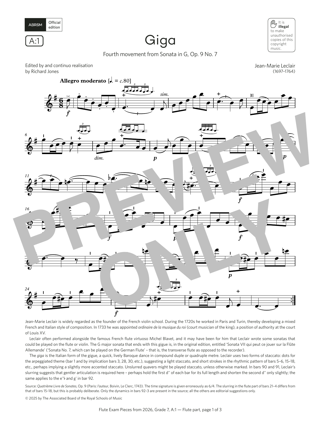 Download Jean-Marie LeClair Giga (Grade 7, list A1, from the ABRSM Flute Syllabus from 2026) Sheet Music and learn how to play Flute Solo PDF digital score in minutes