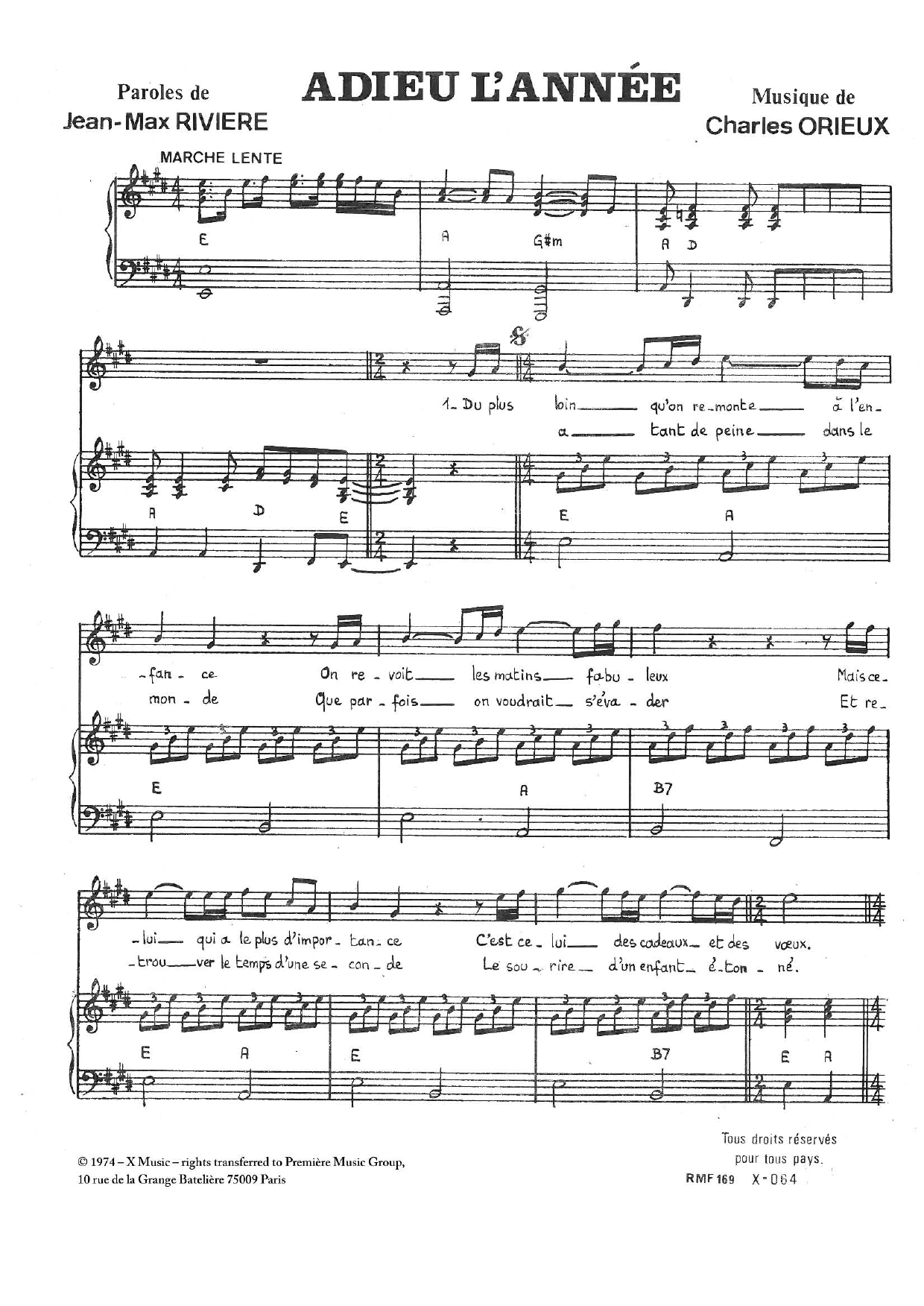 Download Charles Orieux Adieu L'année Sheet Music and learn how to play Piano & Vocal PDF digital score in minutes