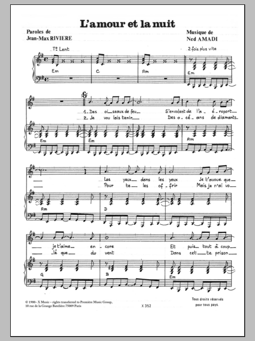 Download Jean-Max Rivière Amour Et La Nuit Sheet Music and learn how to play Piano & Vocal PDF digital score in minutes