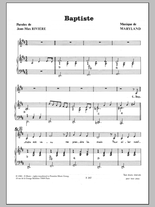 Download Jean-Max Rivière Baptiste Sheet Music and learn how to play Piano & Vocal PDF digital score in minutes