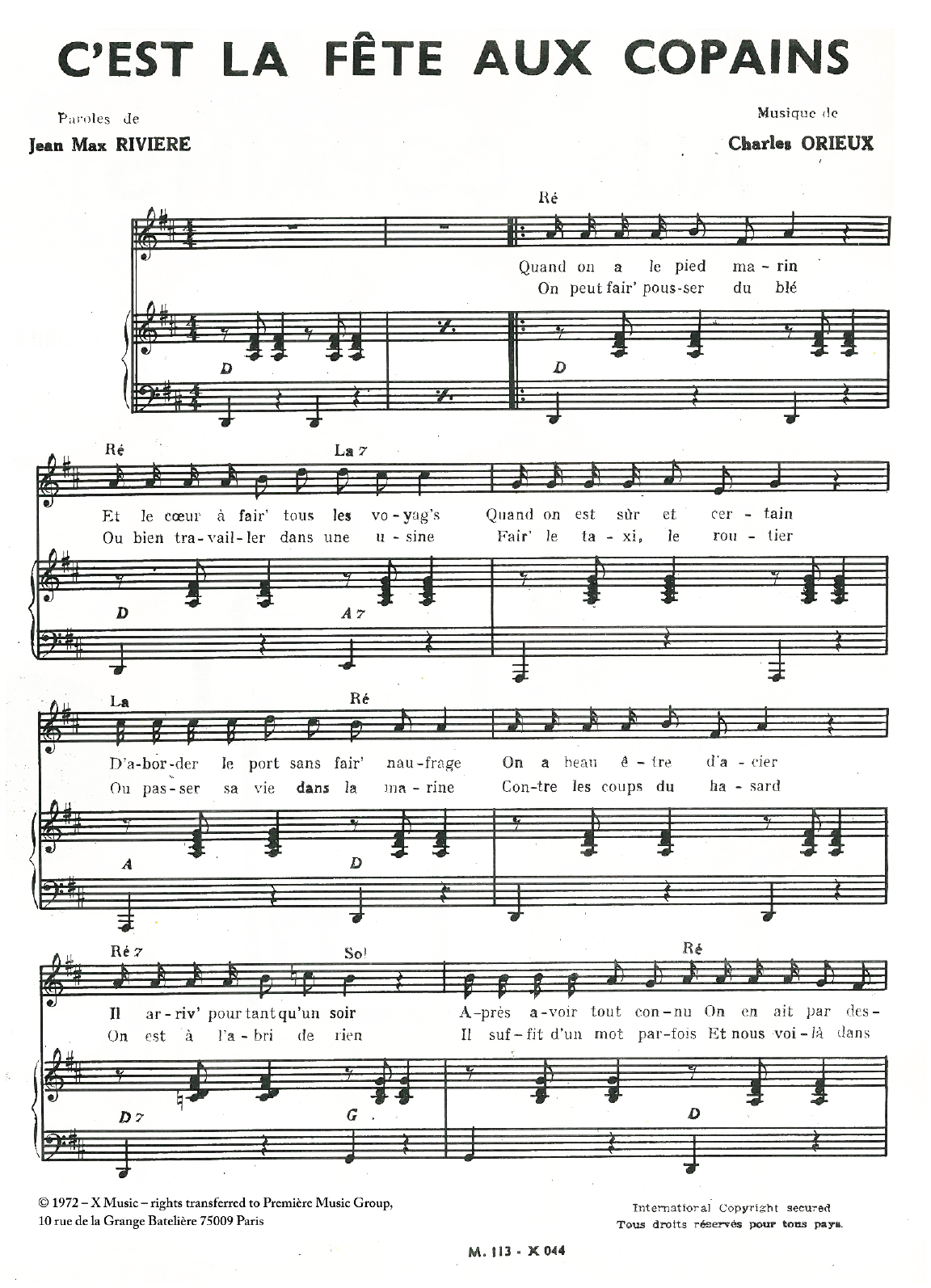 Download Charles Orieux C'est La Fête Aux Copains Sheet Music and learn how to play Piano & Vocal PDF digital score in minutes