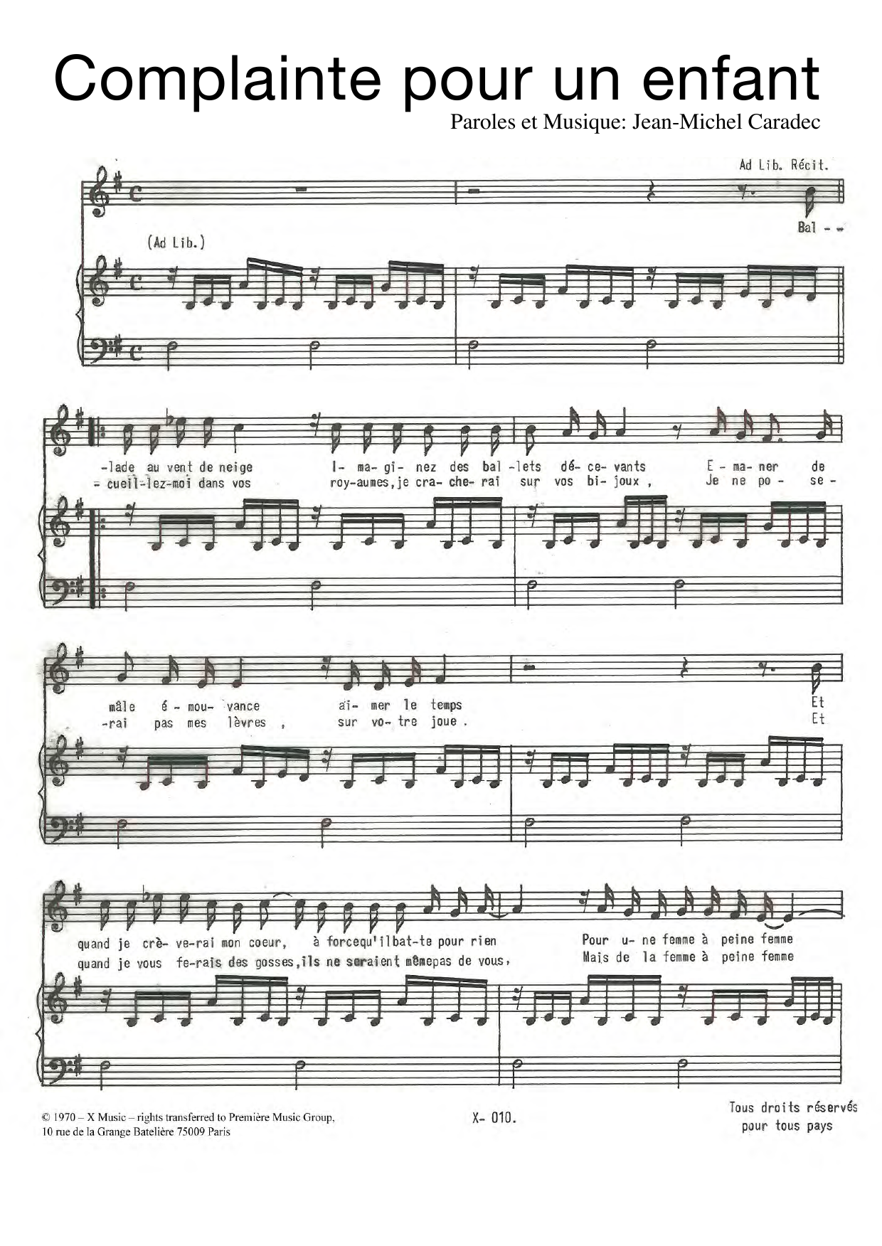 Download Jean-Michel Caradec Complainte Pour Un Enfant Sheet Music and learn how to play Piano & Vocal PDF digital score in minutes