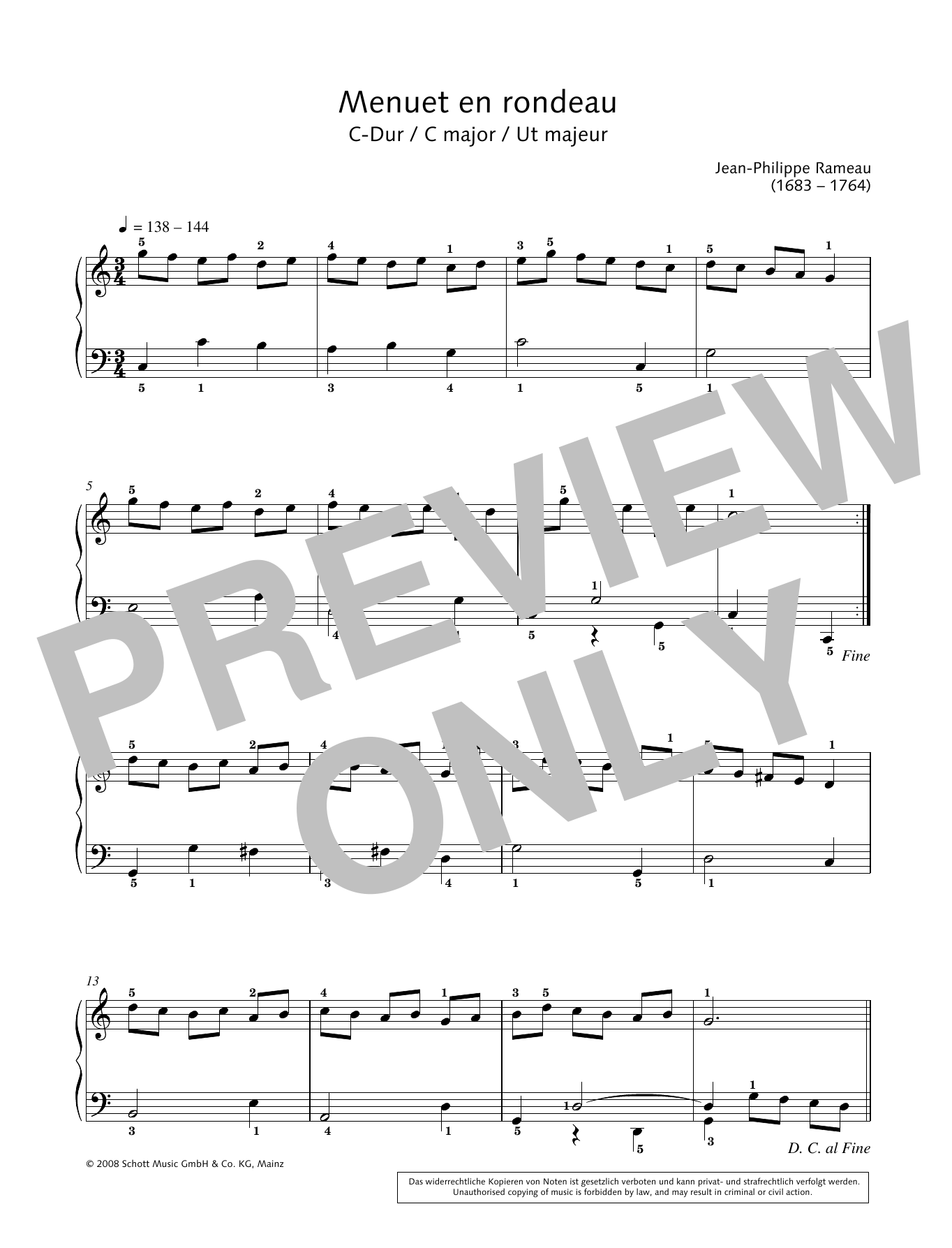 Download Jean-Philippe Rameau Menuet en rondeau in C major Sheet Music and learn how to play Piano Solo PDF digital score in minutes