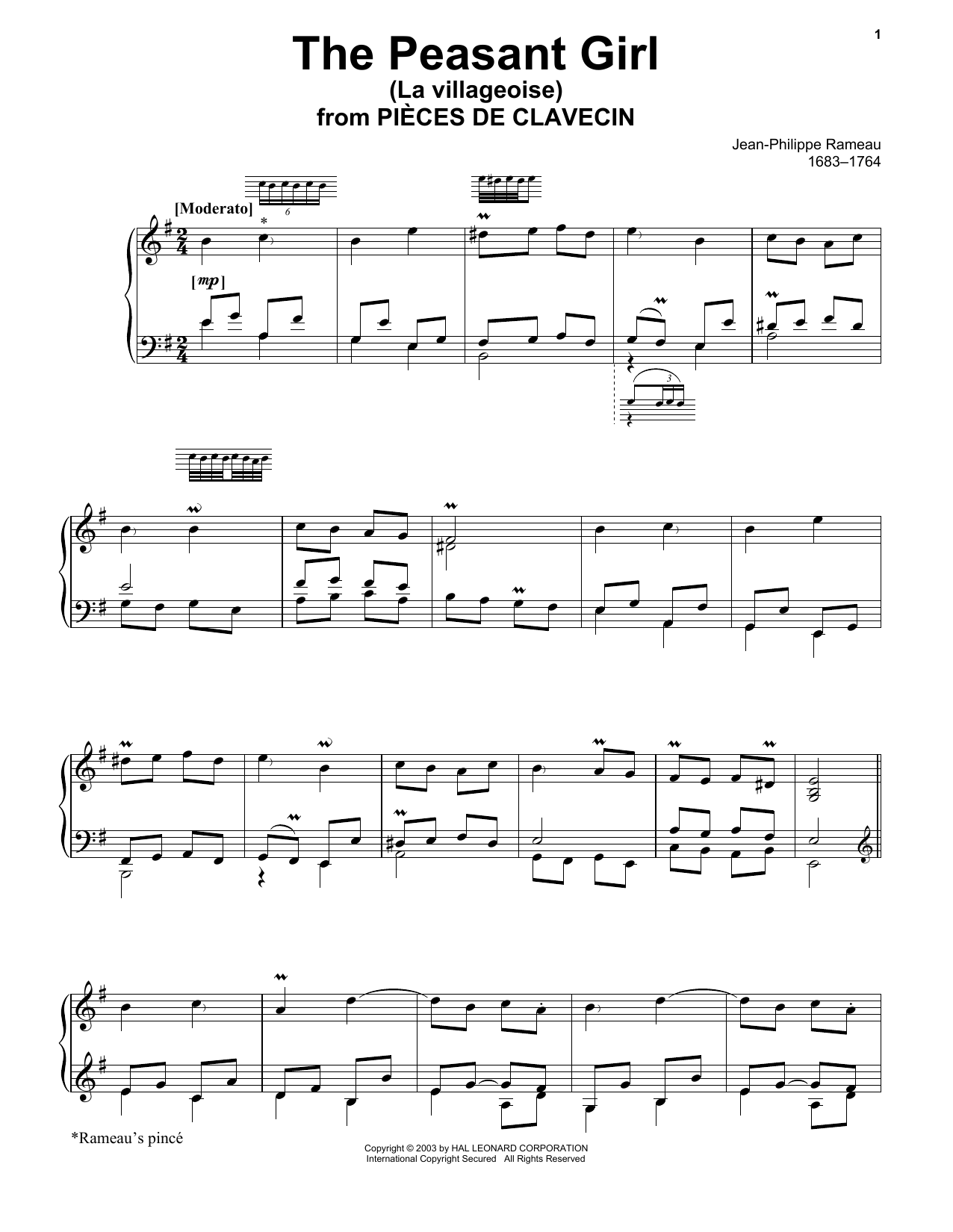 Download Jean-Philippe Rameau The Peasant Girl (La Villageoise) Sheet Music and learn how to play Piano Solo PDF digital score in minutes