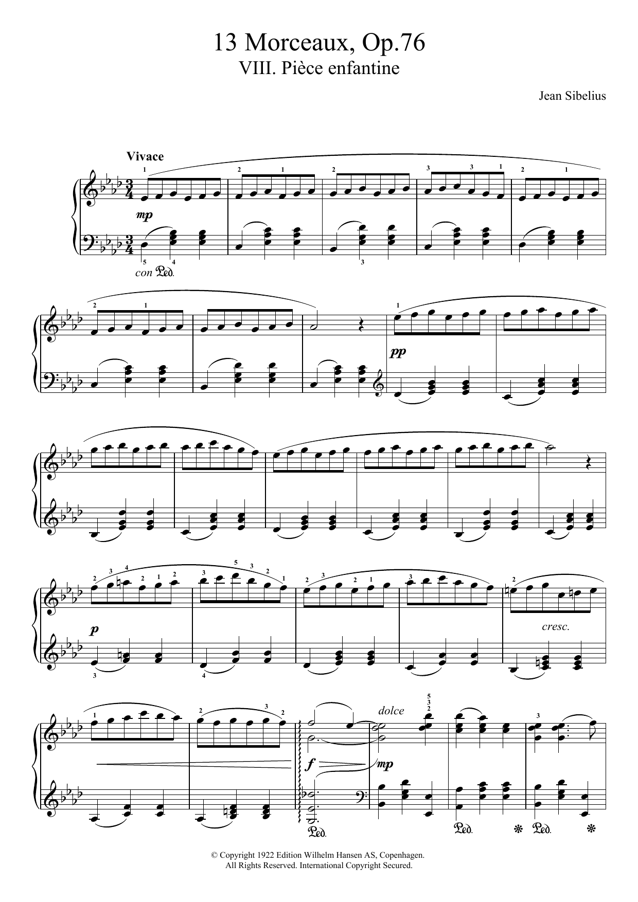 Download Jean Sibelius 13 Morceaux, Op.76 - VIII. Pièce Enfantine Sheet Music and learn how to play Piano PDF digital score in minutes