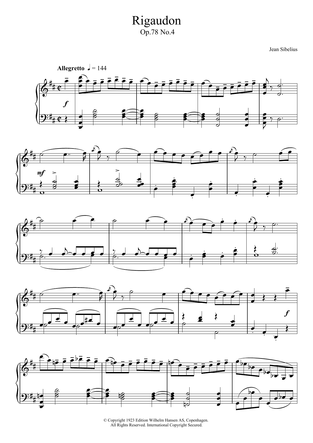 Download Jean Sibelius Rigaudon, Op.78 No.4 Sheet Music and learn how to play Piano PDF digital score in minutes