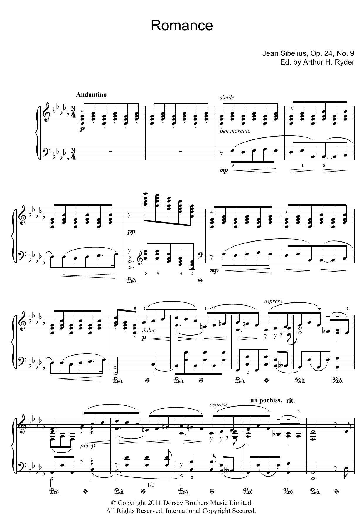 Download Jean Sibelius Romance In D Flat Sheet Music and learn how to play Piano PDF digital score in minutes