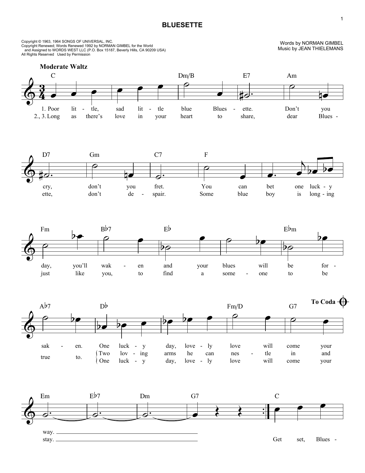 Download Jean Thielemans Bluesette Sheet Music and learn how to play Melody Line, Lyrics & Chords PDF digital score in minutes