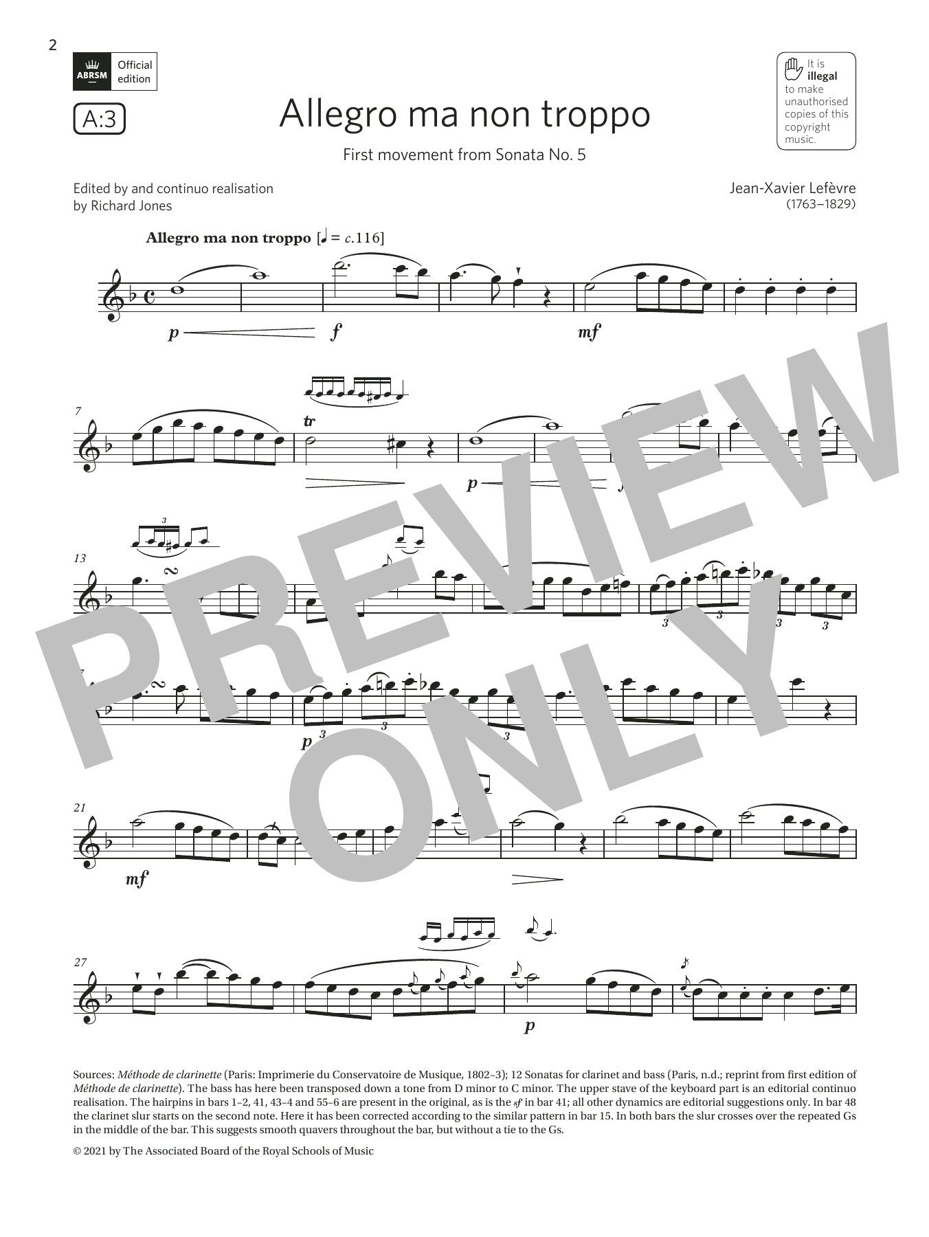 Download Jean-Xavier Lefèvre Allegro ma non troppo (from Sonata No5)(Grade 6 List A3 from the ABRSM Clarinet Sheet Music and learn how to play Clarinet Solo PDF digital score in minutes
