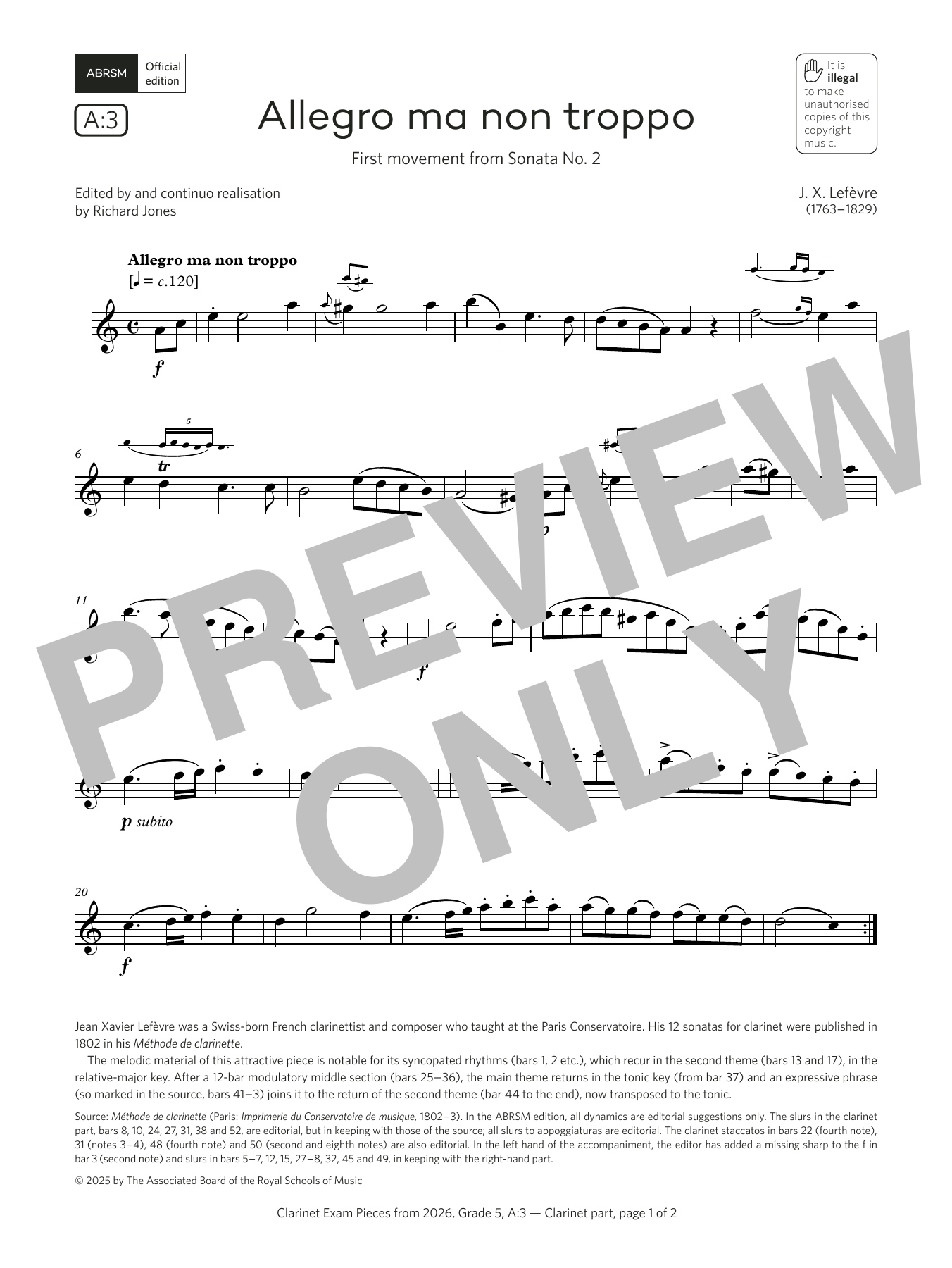 Download Jean Xavier Lefèvre Allegro ma non troppo (Grade 5, list A3, from the ABRSM Clarinet Syllabus from 2 Sheet Music and learn how to play Clarinet Solo PDF digital score in minutes
