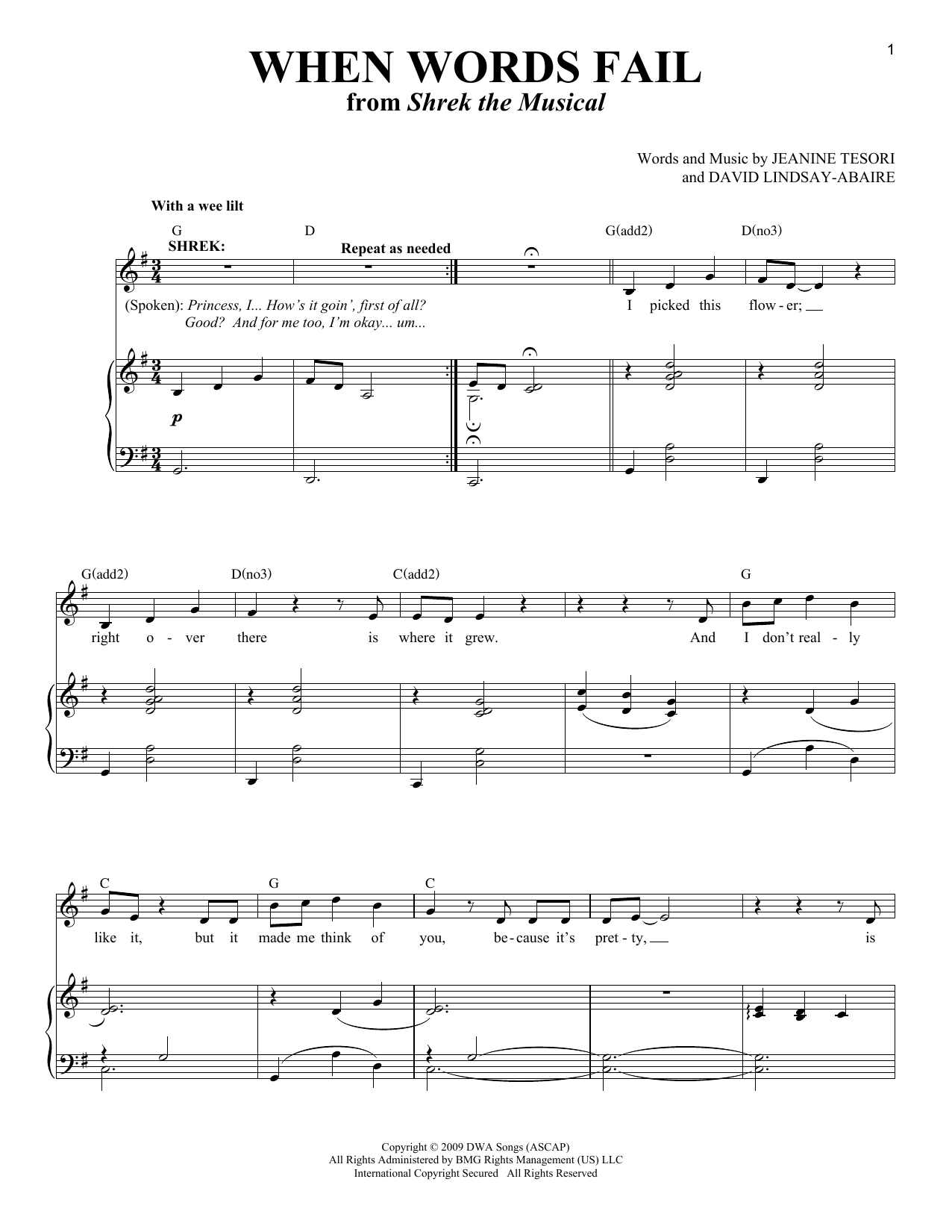 Download Jeanine Tesori & David Lindsay-Abaire When Words Fail Sheet Music and learn how to play Piano & Vocal PDF digital score in minutes