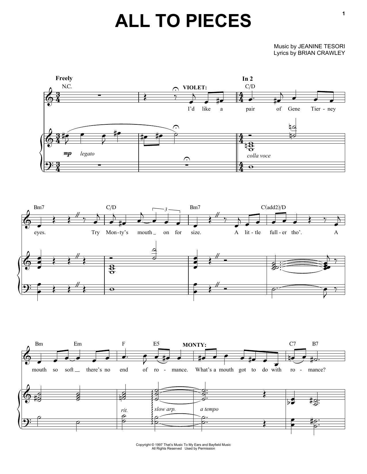 Download Jeanine Tesori All To Pieces Sheet Music and learn how to play Piano & Vocal PDF digital score in minutes