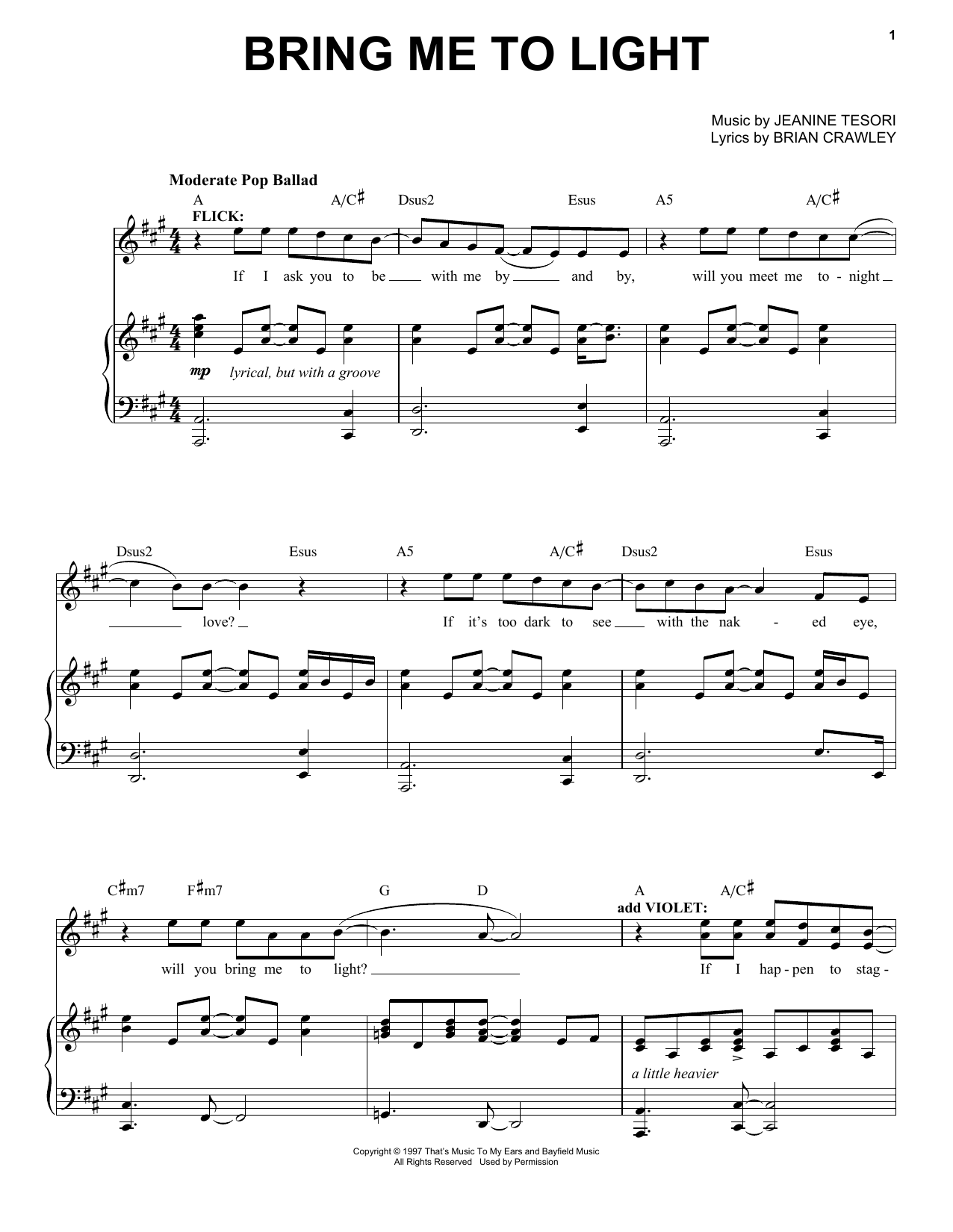 Download Jeanine Tesori Bring Me To Light Sheet Music and learn how to play Piano & Vocal PDF digital score in minutes