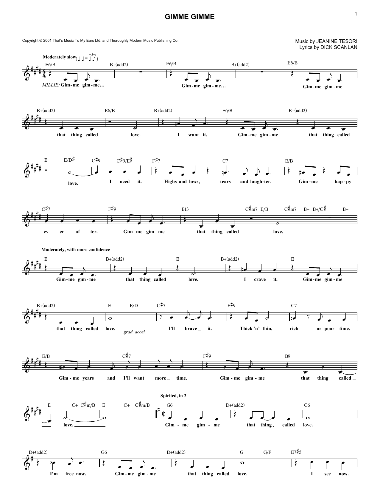 Download Jeanine Tesori Gimme Gimme Sheet Music and learn how to play Melody Line, Lyrics & Chords PDF digital score in minutes