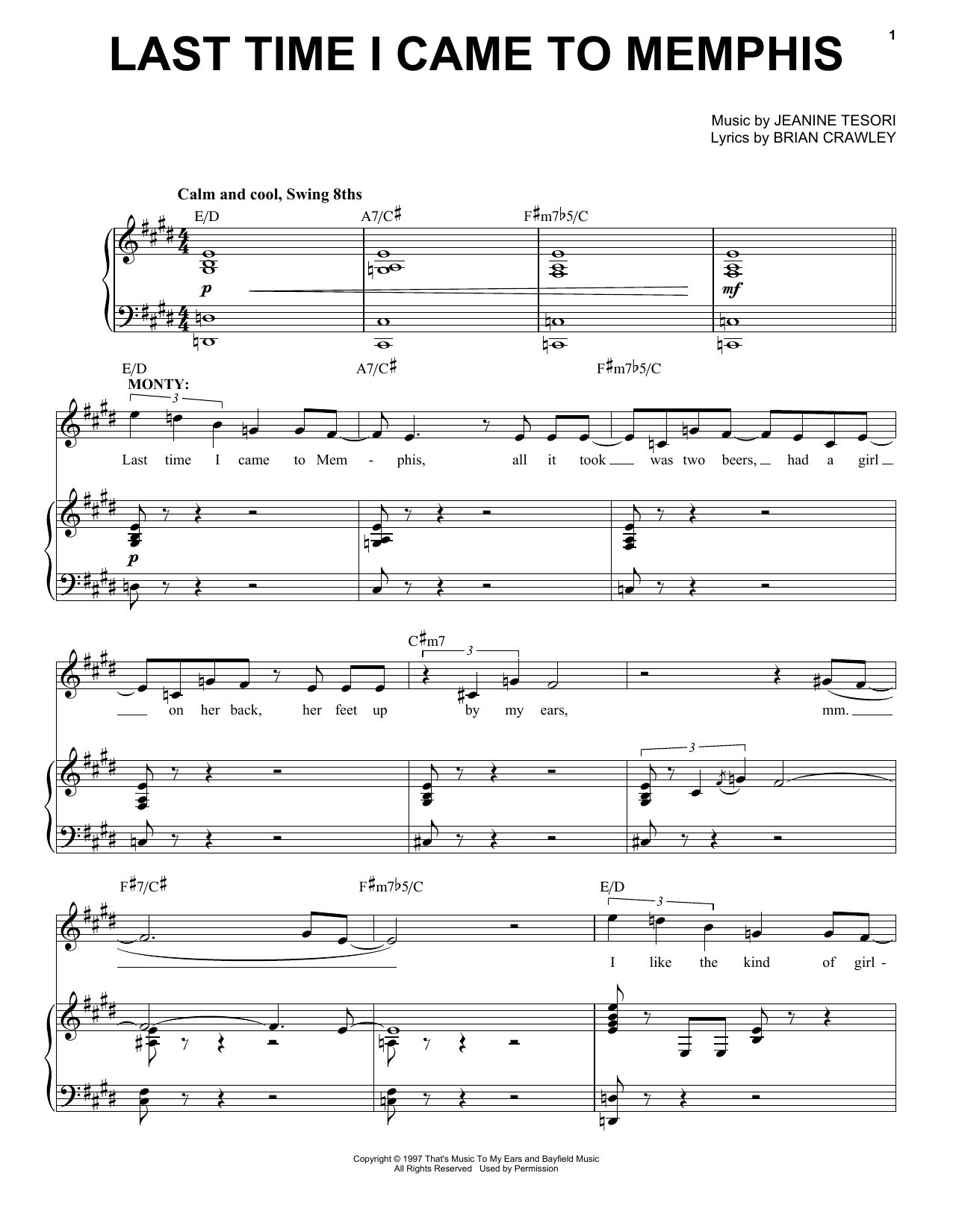 Download Jeanine Tesori Last Time I Came To Memphis Sheet Music and learn how to play Piano & Vocal PDF digital score in minutes