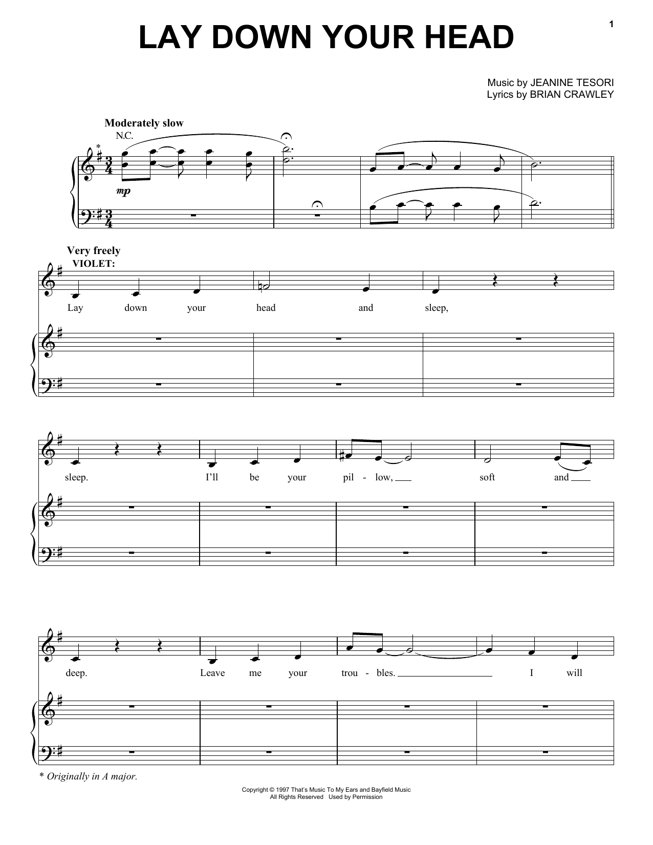 Download Jeanine Tesori Lay Down Your Head Sheet Music and learn how to play Piano & Vocal PDF digital score in minutes