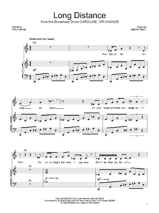 Download Jeanine Tesori Long Distance Sheet Music and learn how to play Piano, Vocal & Guitar (Right-Hand Melody) PDF digital score in minutes