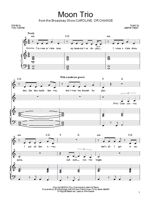 Download Jeanine Tesori Moon Trio Sheet Music and learn how to play Piano, Vocal & Guitar (Right-Hand Melody) PDF digital score in minutes