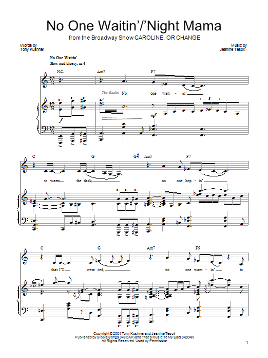 Download Jeanine Tesori No One Waitin'/'Night Mamma Sheet Music and learn how to play Piano, Vocal & Guitar (Right-Hand Melody) PDF digital score in minutes