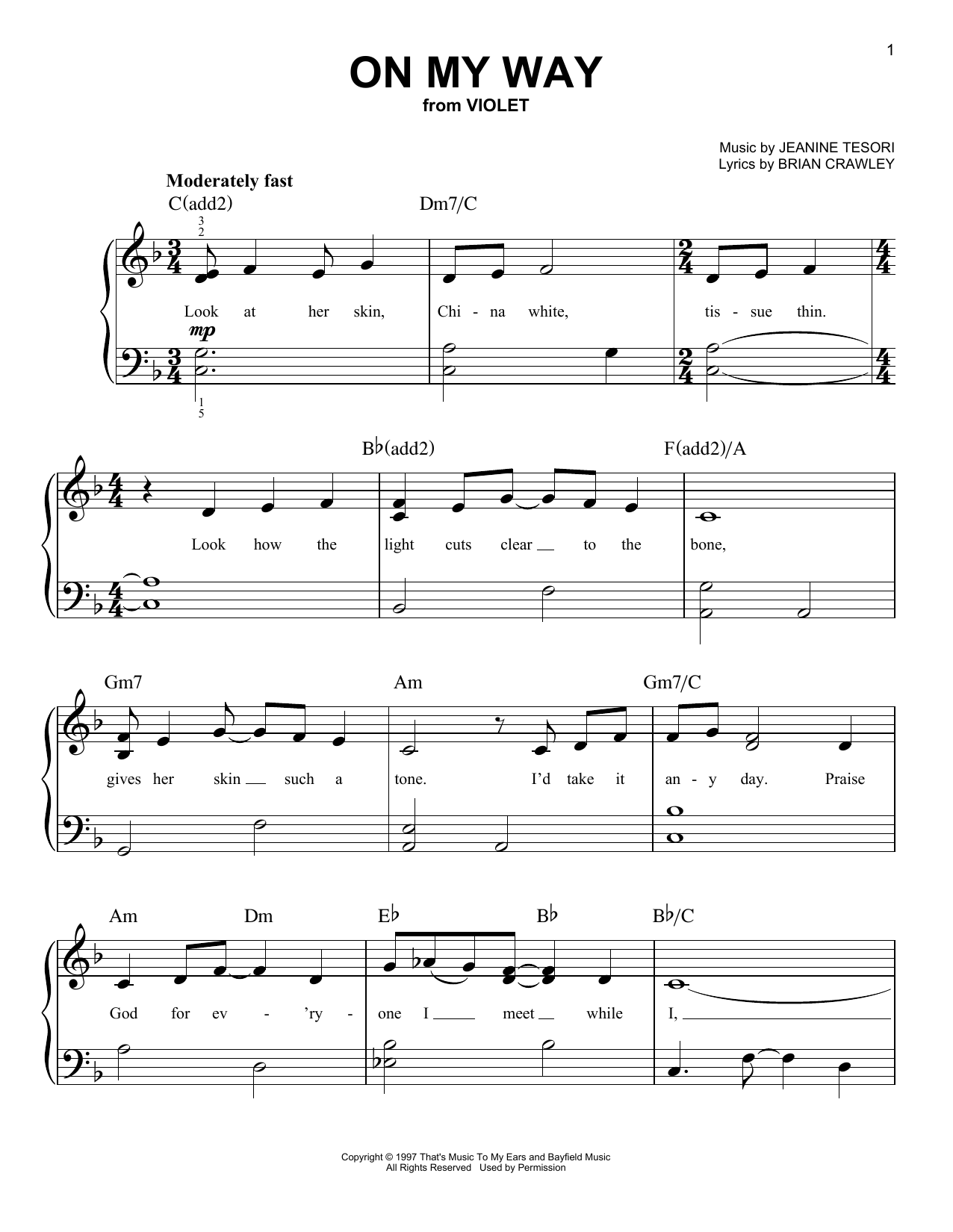 Download Jeanine Tesori On My Way (from Violet) Sheet Music and learn how to play Very Easy Piano PDF digital score in minutes