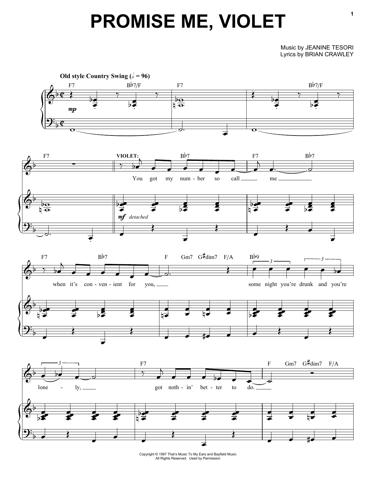 Download Jeanine Tesori Promise Me, Violet Sheet Music and learn how to play Piano & Vocal PDF digital score in minutes